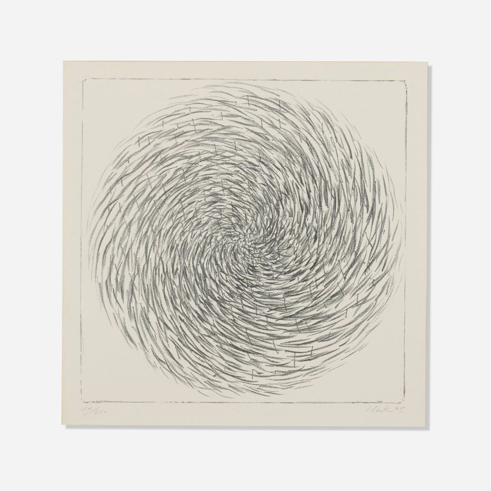 Gunther Uecker, Spirale: Gunther Uecker Spirale 1975lithograph sight: 17.5 h x 17.75 w in (44 x 45 cm) Signed, dated and numbered to lower edge '14/200 Uecker 75'. This work is number 14 from the edition of 200.