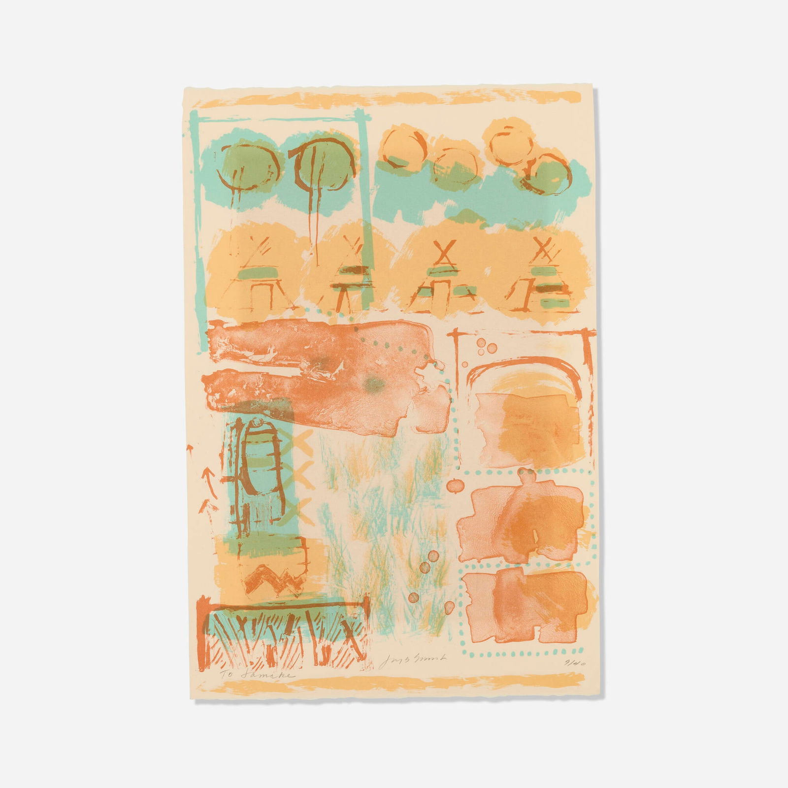 Jaune Quick-to-See Smith, Wallowa Waterhole (In honor of the Birth of Lore Claire Scott Momaday): Jaune Quick-to-See Smith Wallowa Waterhole (In honor of the Birth of Lore Claire Scott Momaday) 1980lithograph in colors on Arches 22.25 h x 15 w in (57 x 38 cm) Signed, numbered and inscribed