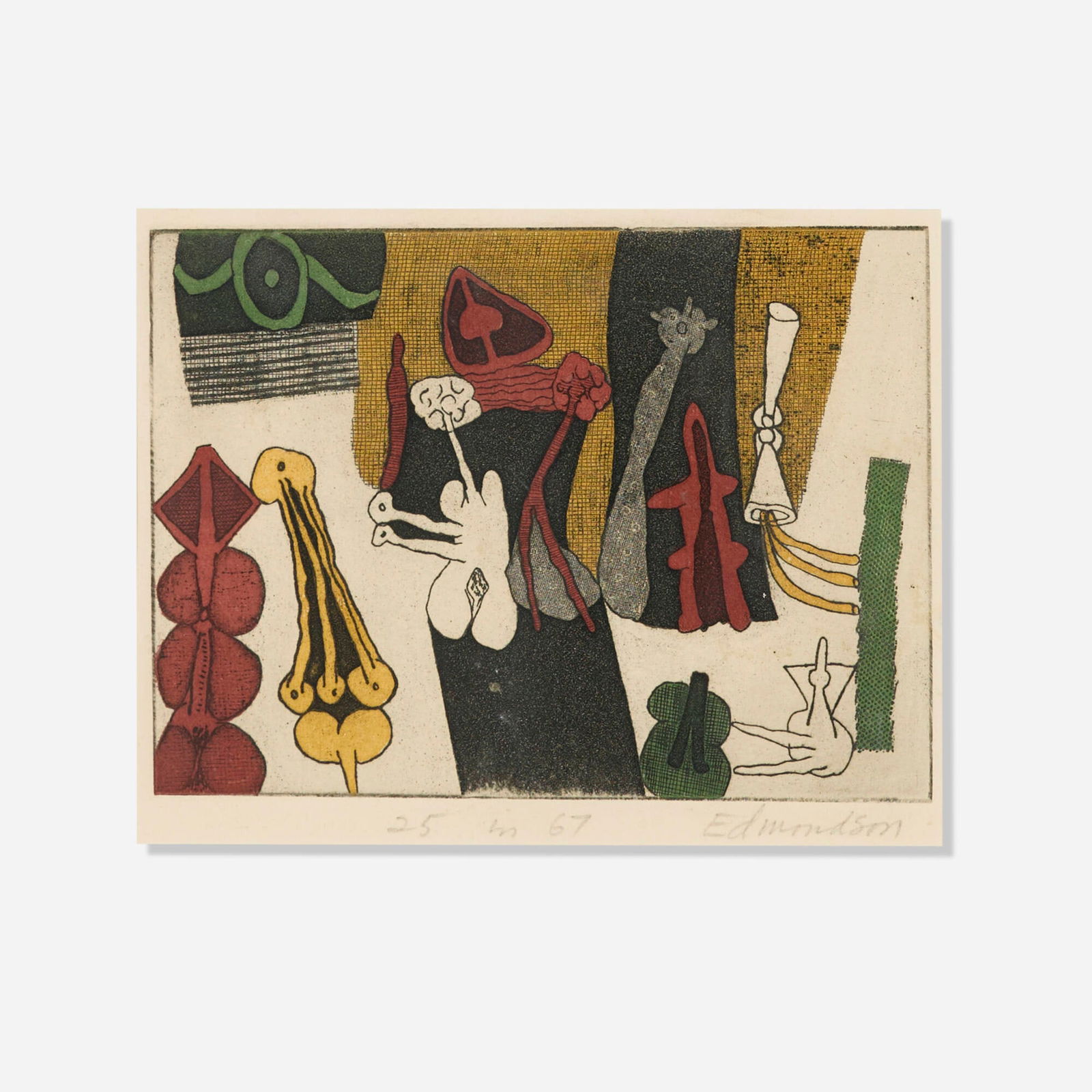 Leonard Edmondson, Untitled: Leonard Edmondson Untitled 1999etching and aquatint in colors image: 5.25 h x 7.25 w in (13 x 18 cm) sight: 6 h x 7.5 w in (15 x 19 cm) Signed and numbered to lower edge '25 in 67 Edmonson'