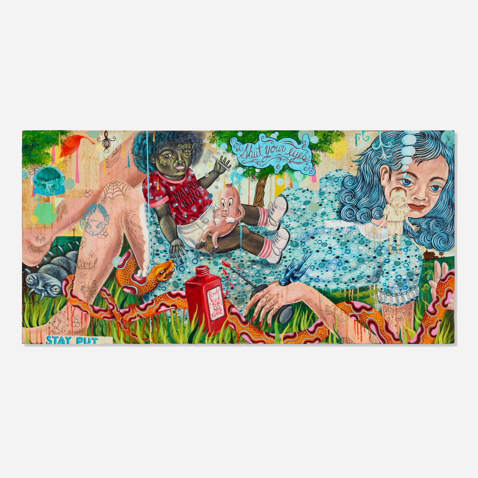 Clayton Brothers, Stay Put, Shut Your Eyes: Clayton Brothers Stay Put, Shut Your Eyes 2003acrylic on panel 23.875 h x 48.25 w in (61 x 123 cm) Signed, titled and dated to verso 'Stay Put, Shut Your Eyes 2003 R. Clayton C. Clayton'. <