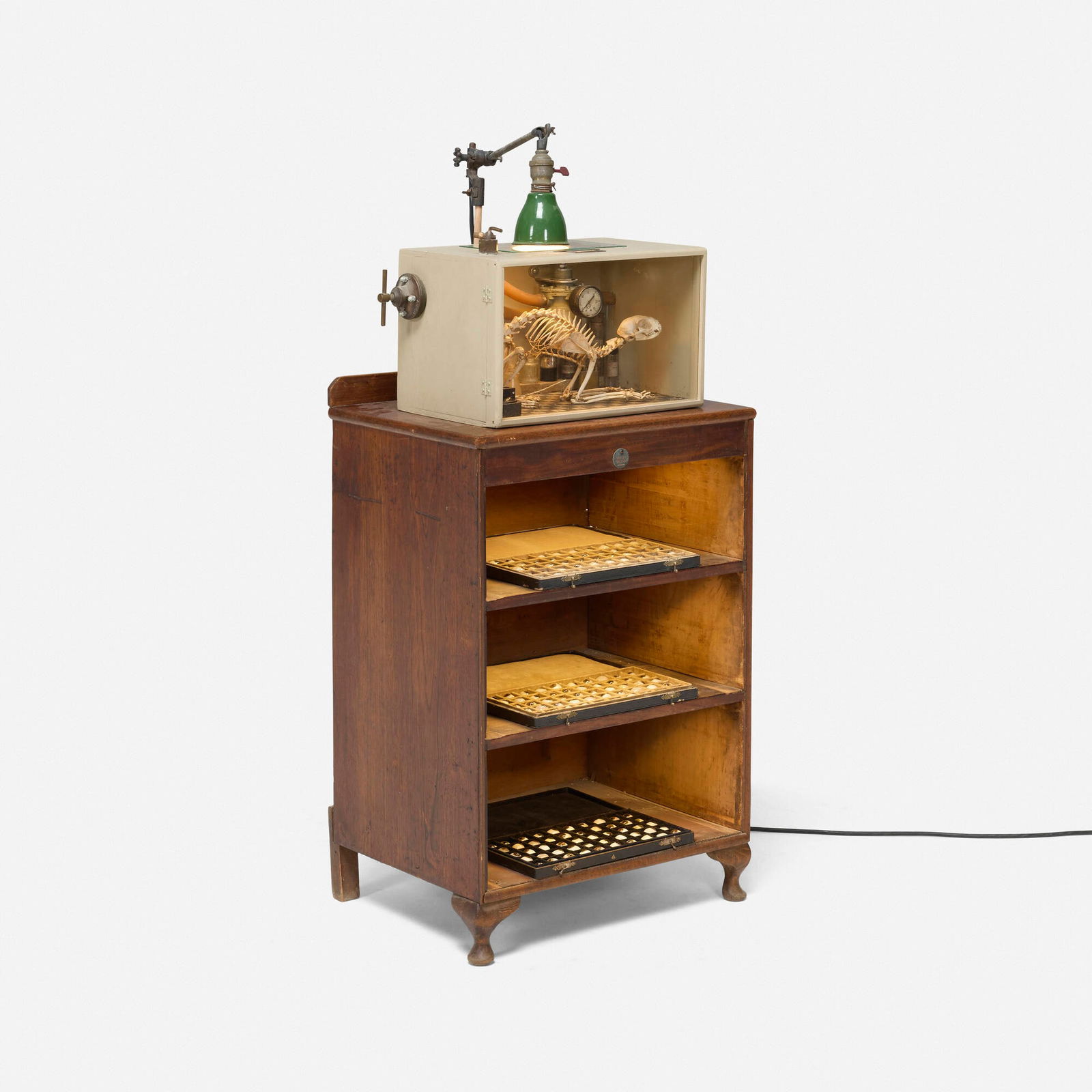 Ron Pippin, Cat Box #1 Assemblage: Ron Pippin Cat Box #1 Assemblage 2005wood, bone, metal, glass, found object assemblage overall: 47 h x 23 w x 18.5 d in (119 x 58 x 47 cm) Signed and dated to reverse of museum box 'Ron Pippin