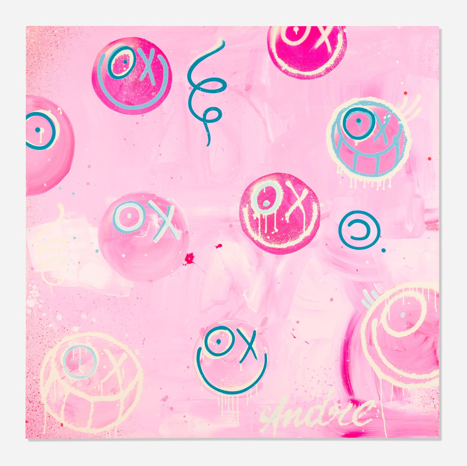 Andre Saraiva, Nine Guys in the Pink: Andre Saraiva Nine Guys in the Pink 2019acrylic and spray paint on canvas 55.5 h x 55.25 w in (141 x 140 cm) Signed to lower right 'Andre'. Signed and dated to verso 'Andre ? 2019'.