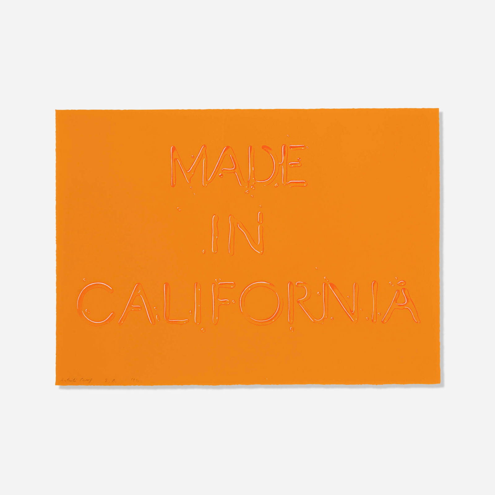 Ed Ruscha, Made in California: Ed Ruscha Made in California 1971lithograph in colors on Arches 20 h x 28 w in (51 x 71 cm) Signed, dated and numbered to lower left 'Artist Proof E.R. 1971' with publisher's blindstamp. This