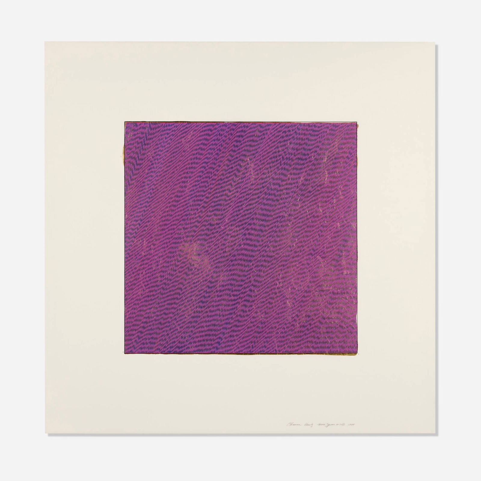 Channa Horwitz, Moire Square 4-3-5: Channa Horwitz Moire Square 4-3-5 1988casein and 24k gold leaf on Mylar 38.5 h x 38.5 w in (98 x 98 cm) Signed, titled and dated to lower edge 'Channa Horwitz Moire Square 4-3-5 1988'.