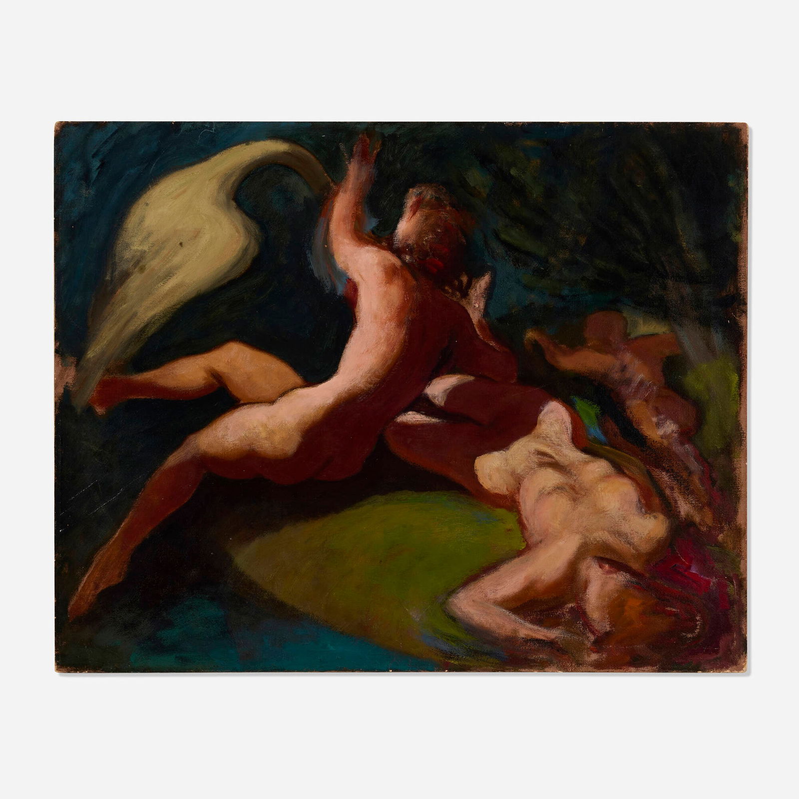 Lorser Feitelson, Leda and the Swan: Lorser Feitelson Leda and the Swan 1942oil on canvas 24 h x 30 w in (61 x 76 cm) Signed, dated and inscribed to verso 'Feitelson 1942 / Cleaning...Lorser to Harry 1964'. Provena