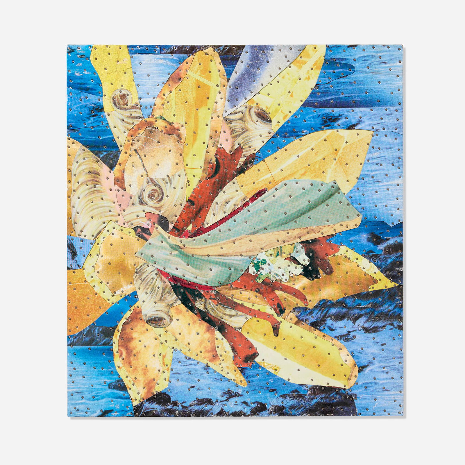 Tony Berlant, Lumbini: Tony Berlant Lumbini 2005found and fabricated printed tin with steel brads on wood 13.25 h x 12 w x 1 d in (34 x 30 x 3 cm) Signed, titled and dated to verso 'Lumbini 2005 Berlant'.