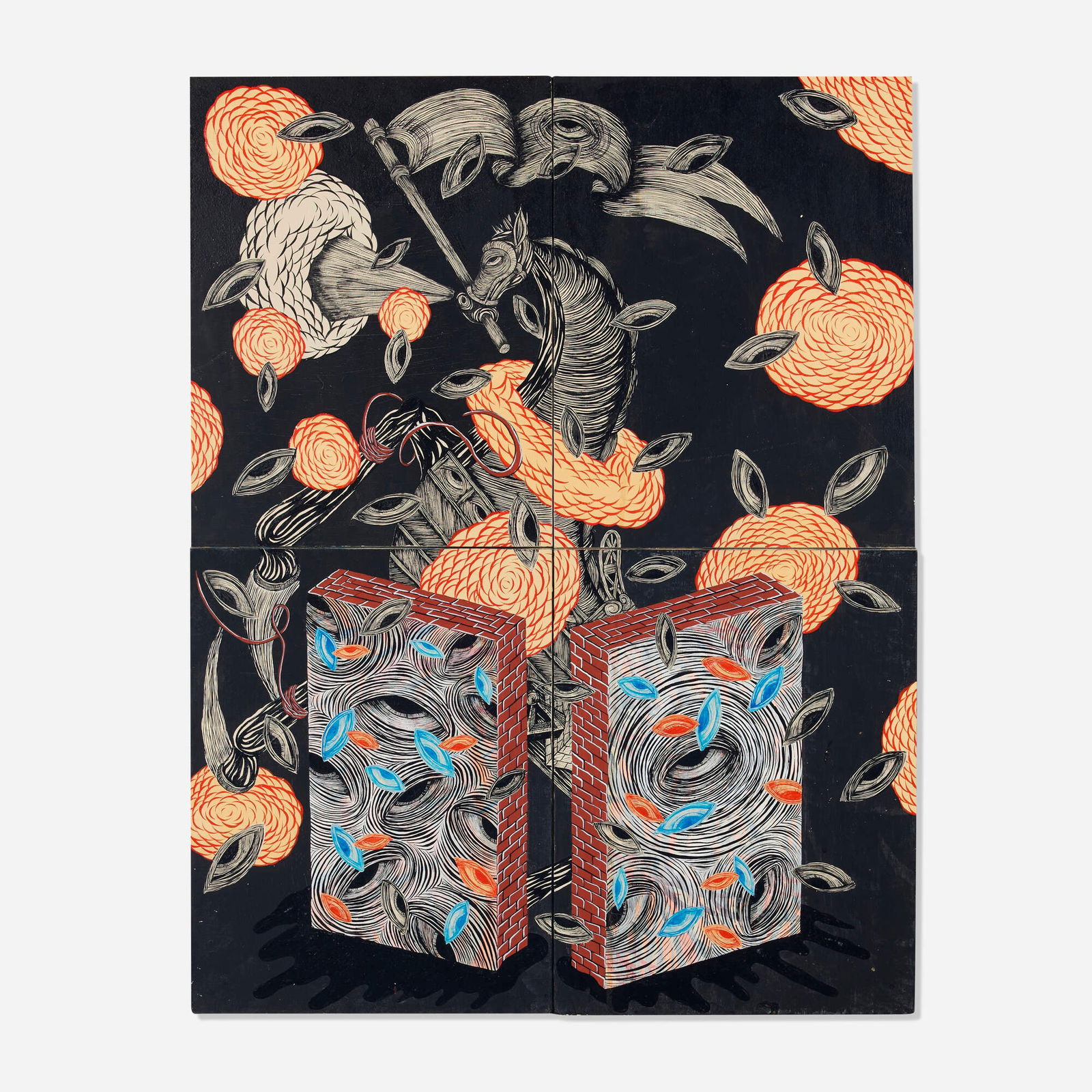 Andrew Schoultz, Untitled: Andrew Schoultz Untitled acrylic on panel in four parts 27.875 h x 21.875 w in (71 x 56 cm) Provenance: Collection of Shawn and Andrew Hosner of Thinkspace Projects, Los Angeles