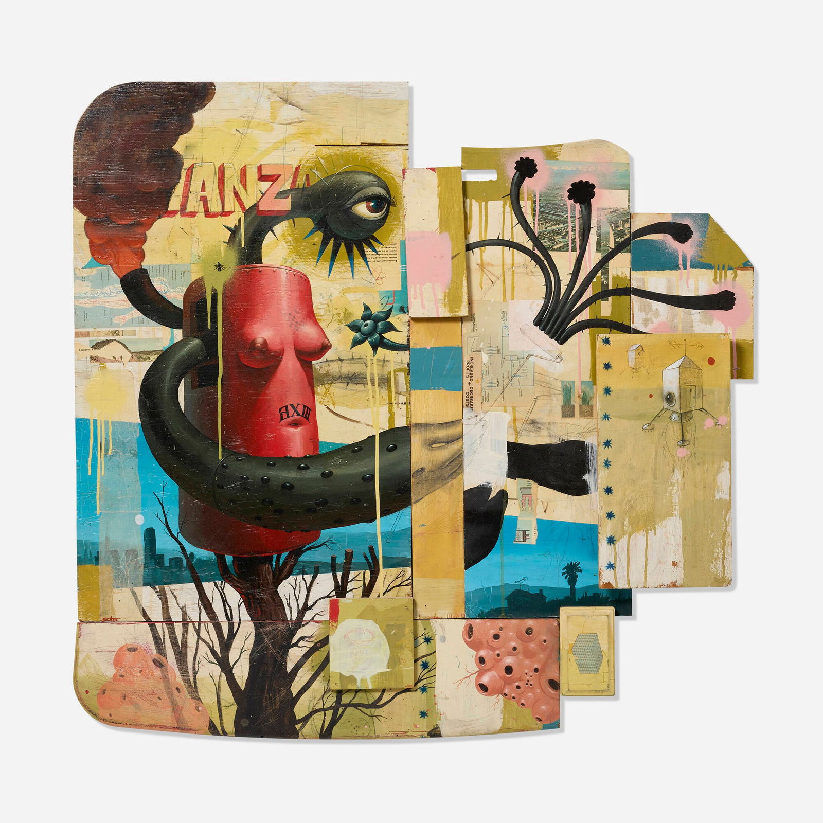 Jeff Soto, Nature Reclaims the Earth: Jeff Soto Nature Reclaims the Earth 2002acrylic on wood construction 38.75 h x 40.25 w x 3 d in (98 x 102 x 8 cm) Signed to lower left 'Soto'. Signed and dated to verso 'Jeff Soto ?7-2002'.