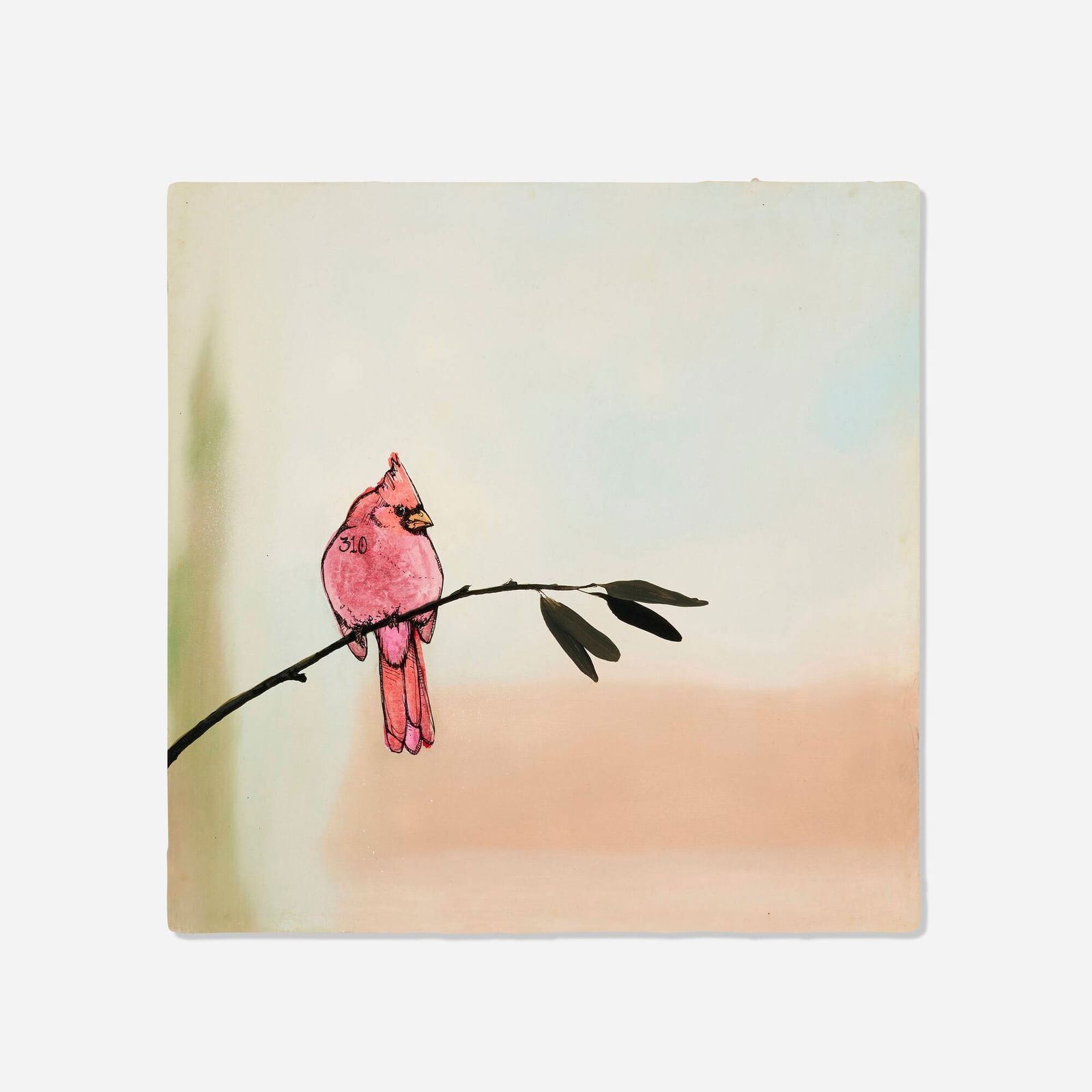 Sage Vaughn, 310 Cardinal: Sage Vaughn 310 Cardinal oil, ink and watercolor on panel 11.5 h x 11.5 w x 3 d in (29 x 29 x 8 cm) Inscribed to verso 'Kicks Just Keep Getting Harder to Find'. Provenance: C