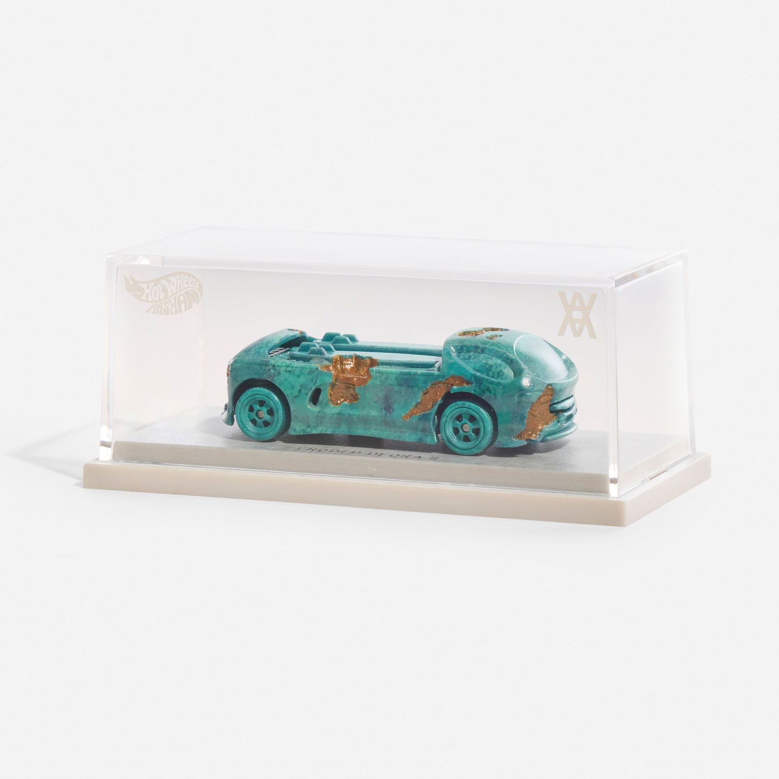 Daniel Arsham, Hot Wheels Eroded Deora II: Daniel Arsham Hot Wheels Eroded Deora II 2023painted cast resin 0.75 h x 2.25 w x 1 d in (2 x 6 x 3 cm) Stamped number and manufacturer's mark to underside of display case '2823EAA Mattel Crea
