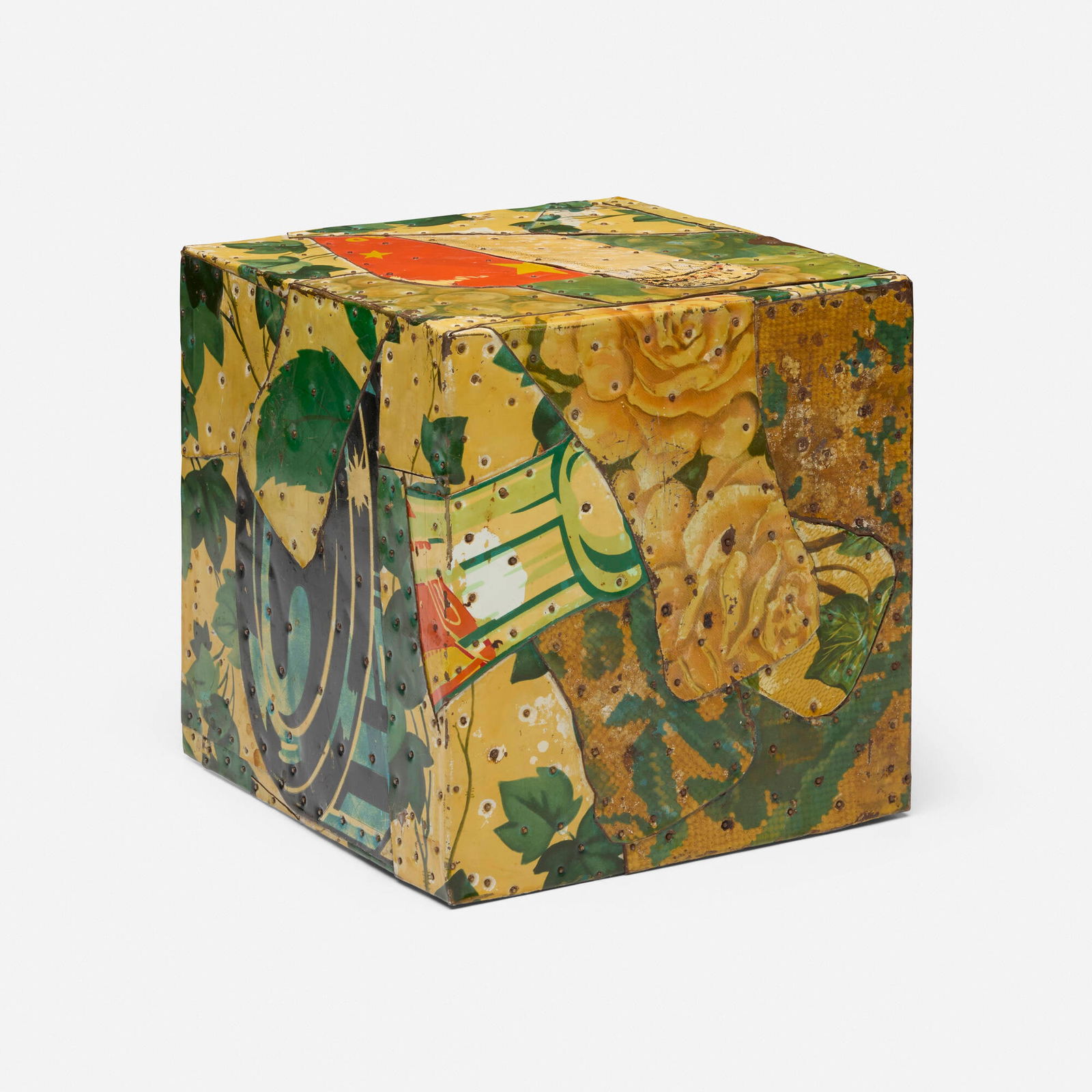 Tony Berlant, Untitled: Tony Berlant Untitled 1964found metal collage with steel brads on wood 7.5 h x 8 w x 8 d in (19 x 20 x 20 cm) This work features a rattle inside and creates a pleasant sound when moved.