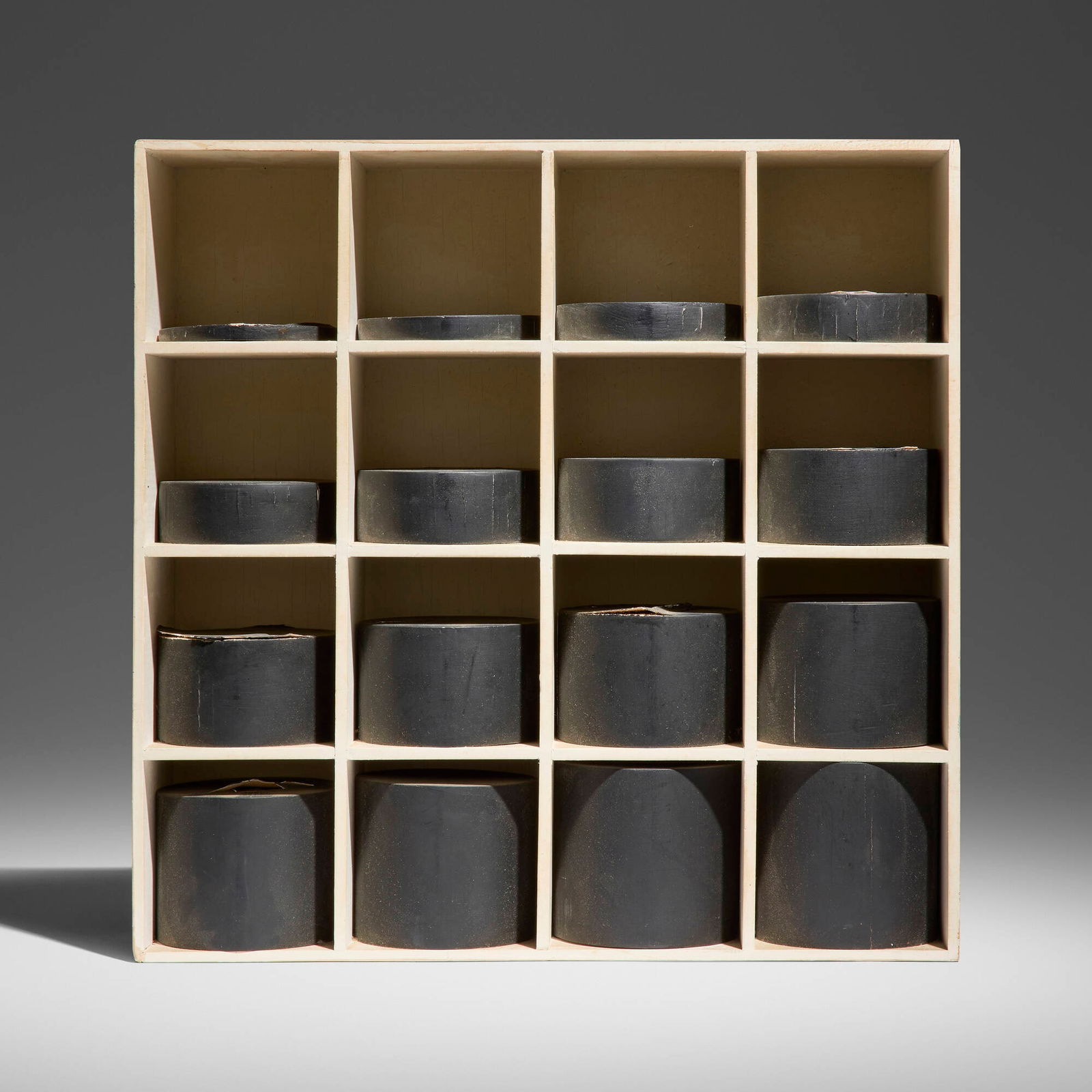 Marcello Morandini, Costruzione Cilindrica: Marcello Morandini Costruzione Cilindrica 1967painted wood 13.5 h x 13.5 w x 3.25 d in (34 x 34 x 8 cm) Signed and numbered to label on reverse '20/100 M. Morandini'. This work is number 20 fr