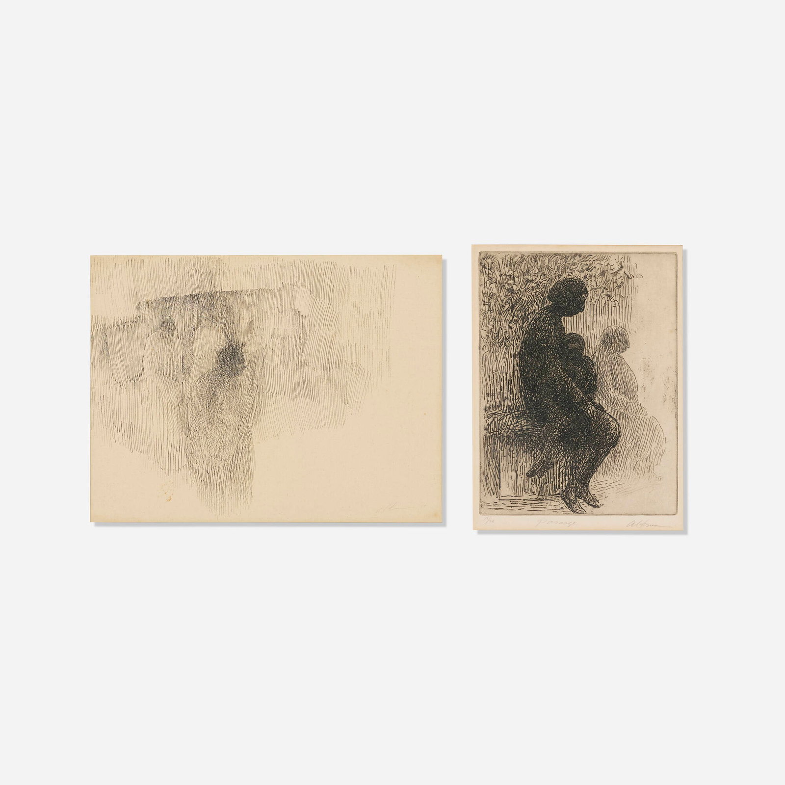 Harold Altman, Passage; Untitled (Dark Figures) (two works): Harold Altman Passage; Untitled (Dark Figures) (two works) 1958etching; ink on paper image: 7.75 h x 5.875 w in (20 x 15 cm) sheet: 12.75 h x 10.625 w in (32 x 27 cm) drawing: 8.5 h x 11 w in (