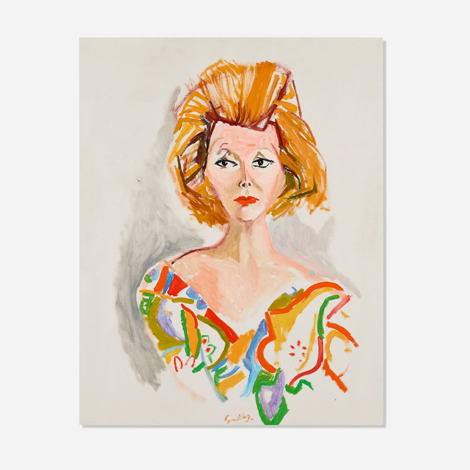 Renato Guttuso, Portrait of Mrs. Littlefield: Renato Guttuso Portrait of Mrs. Littlefield 1964oil on canvas 36 h x 29 w in (91 x 74 cm) Signed to lower edge 'Guttuso'. Signed and dated to verso 'R. Guttuso 64'. Provenance:<