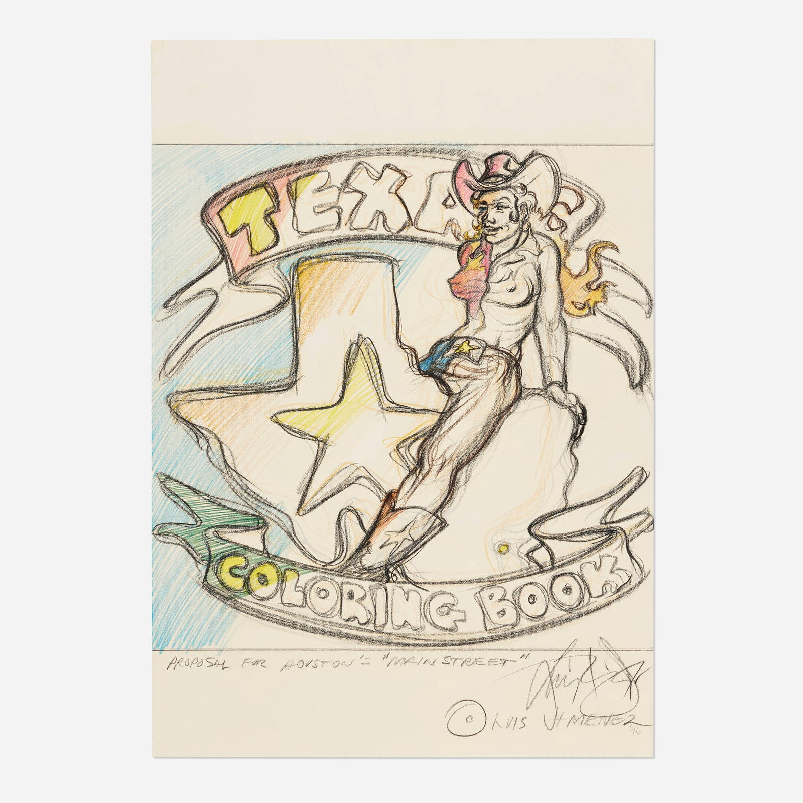 Luis Jimenez, Proposal for Houston's "Main Street": Luis Jimenez Proposal for Houston's "Main Street" 1976oil pastel on paper 39.25 h x 28 w in (100 x 71 cm) This work is likely an early iteration of a sculpture proposal for Moody Park, Houston