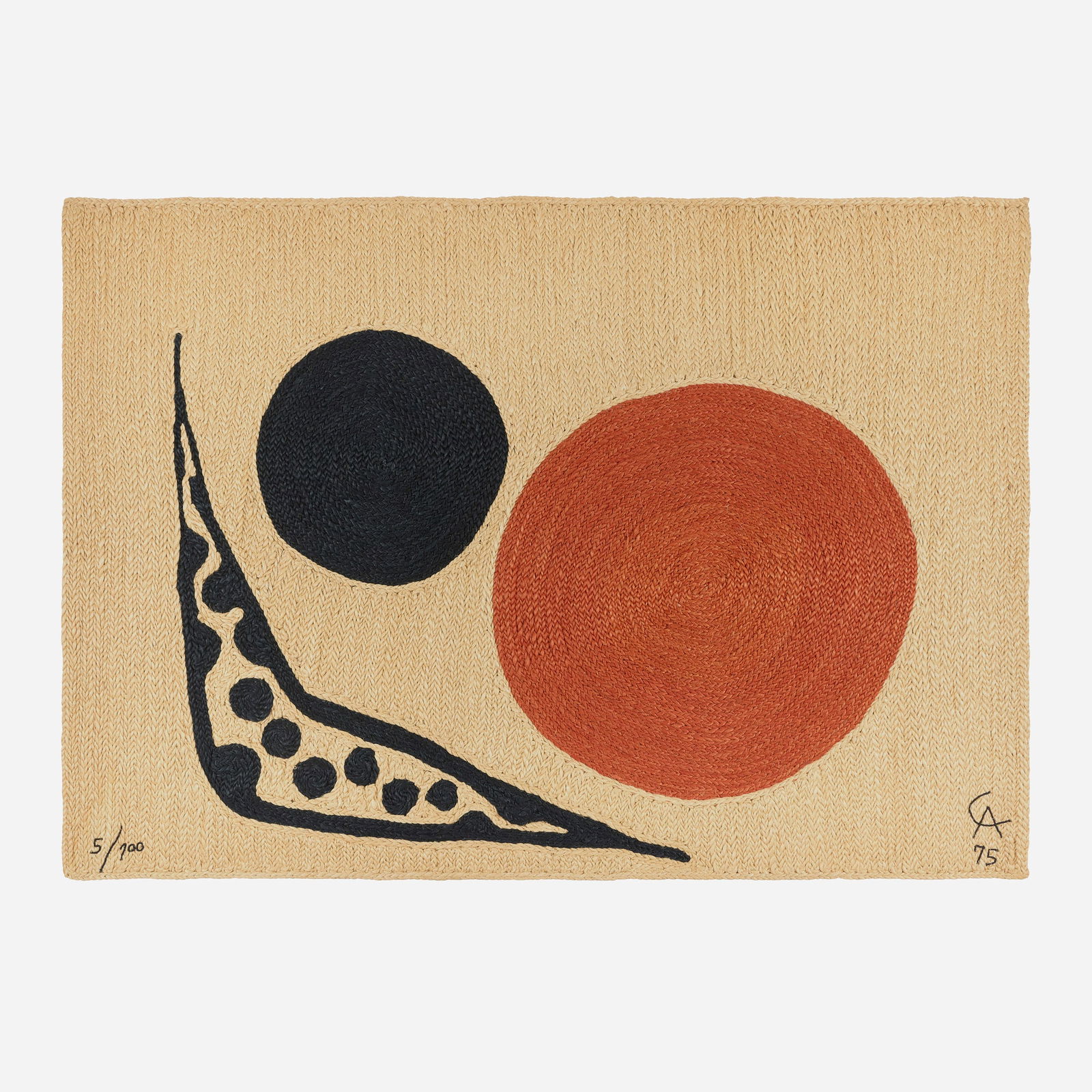 After Alexander Calder, Moon tapestry: After Alexander Calder Moon tapestry CAC Publications/Bon ArtUSA, 1975hand-woven maguey fiber 57.5 h x 82 w in (146 x 208 cm) Woven signature, date, and number to lower edge 'CA 75 5/100
