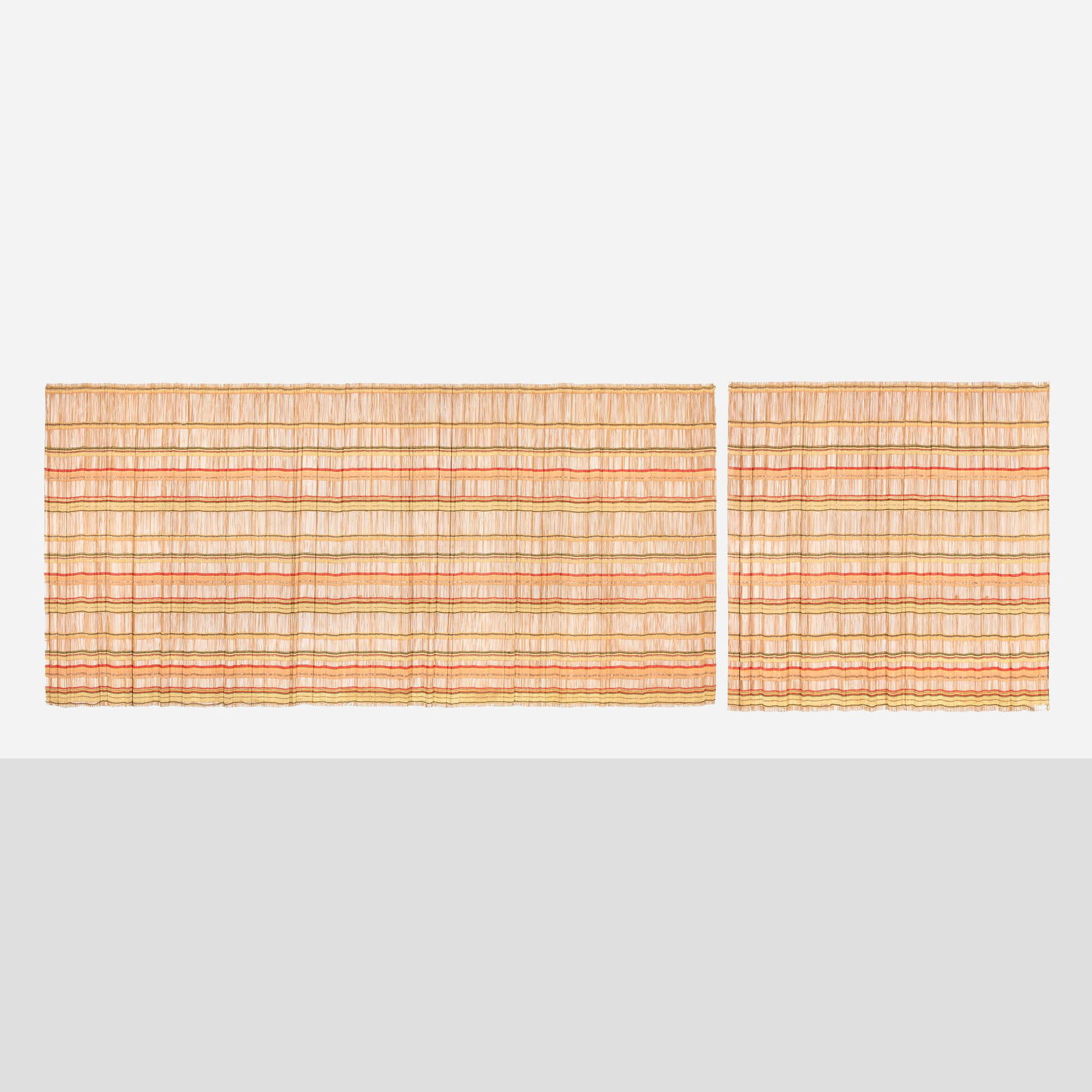 Paul Laszlo, Custom wood drapes from the John M. Hudspeth Residence, set of two: Paul Laszlo Custom wood drapes from the John M. Hudspeth Residence, set of two Hungary/USA, 1951-52wood, wool, rayon, metallic thread 99 h x 204 w in (251 x 518 cm) 99 h x 96 w in (251 x 244 cm)