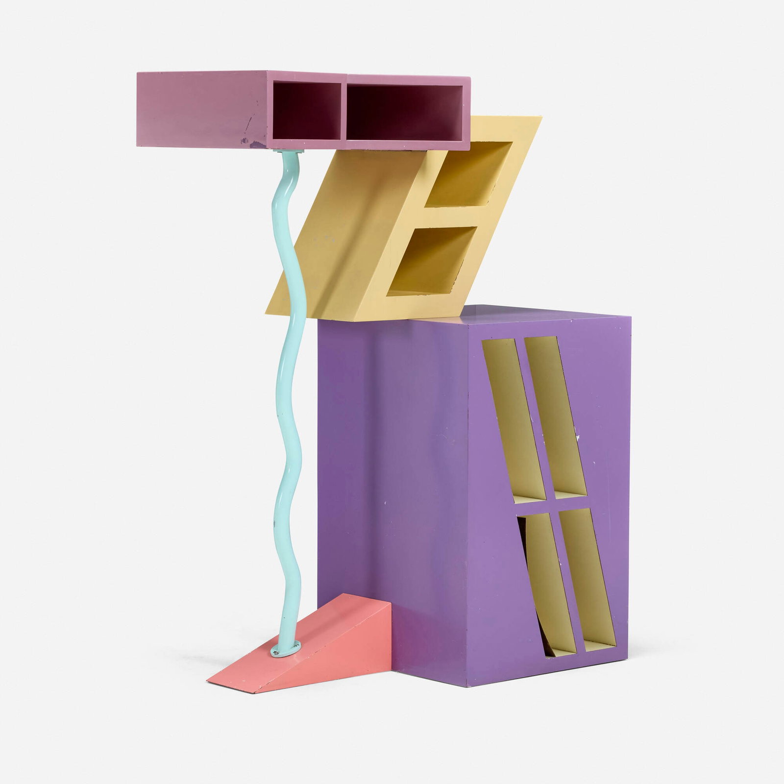 Peter Shire, Hank cabinet: Peter Shire Hank cabinet USA, c. 1984enameled steel, laminate over wood 47 h x 38 w x 18 d in (119 x 97 x 46 cm) This work is unique. Cabinet features eight open storage compartments. <