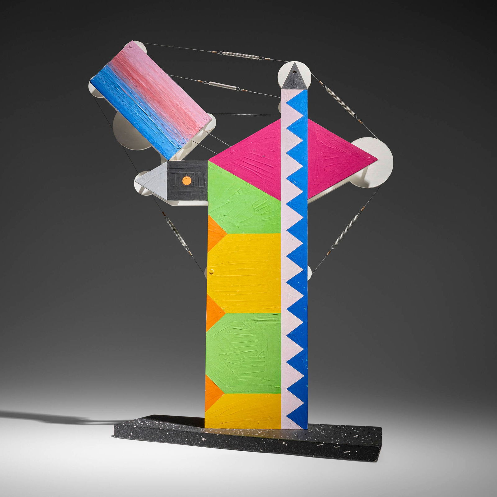 Peter Shire, Untitled (from Skyhook Series): Peter Shire Untitled (from Skyhook Series) USA, 1987acrylic on wood, springs, wire 24 h x 17 w x 8 d in (61 x 43 x 20 cm) Signed and dated to lower edge 'Shire 1987'. This