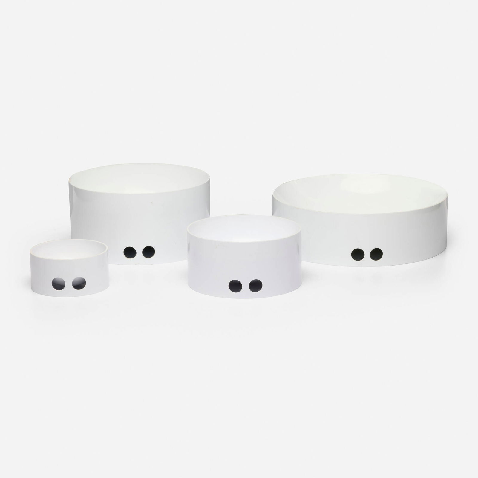 Enzo Mari, Tongareva bowls, collection of four: Enzo Mari Tongareva bowls, collection of four DaneseItaly, 1969plastic tallest: 4.75 h x 9.5 dia in (12 x 24 cm) smallest: 2.375 h x 4.75 dia in (6 x 12 cm) Collection includes models