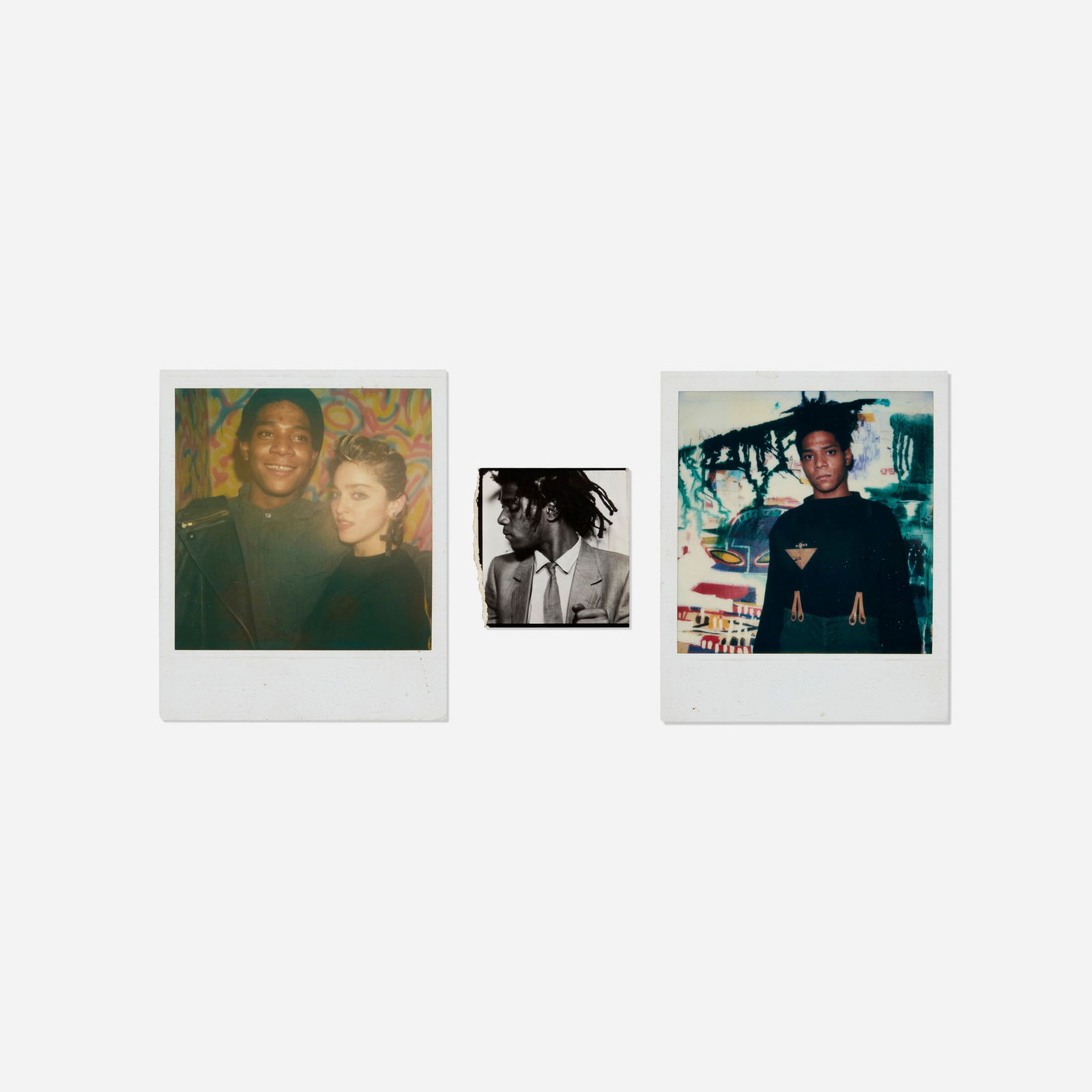 Artist Unknown, Portrait of Jean-Michel Basquiat (three works): Artist Unknown Portrait of Jean-Michel Basquiat and Madonna; Portrait of Jean-Michel Basquiat (three works) c. 1985Polaroid SX-70 print, gelatin silver print image: 3.125 h x 3 w in (8 x 8 cm) she