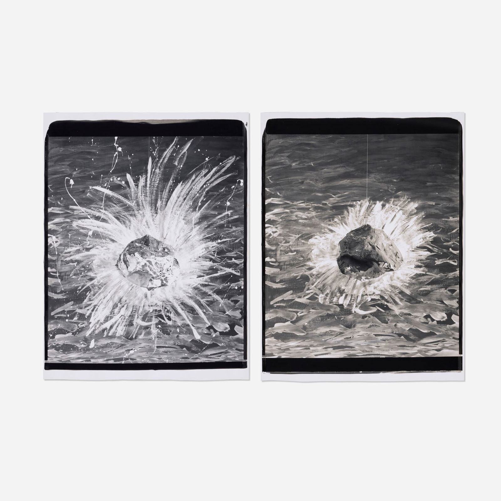 John Divola, Rock falling in water part I; II (diptych): John Divola Rock falling in water part I; II (diptych) unique large-format Polaroid Polacolor print image: 24 h x 20 w in (61 x 51 cm) sheet: 28.625 h x 22 w in (73 x 56 cm) Signed to verso of on