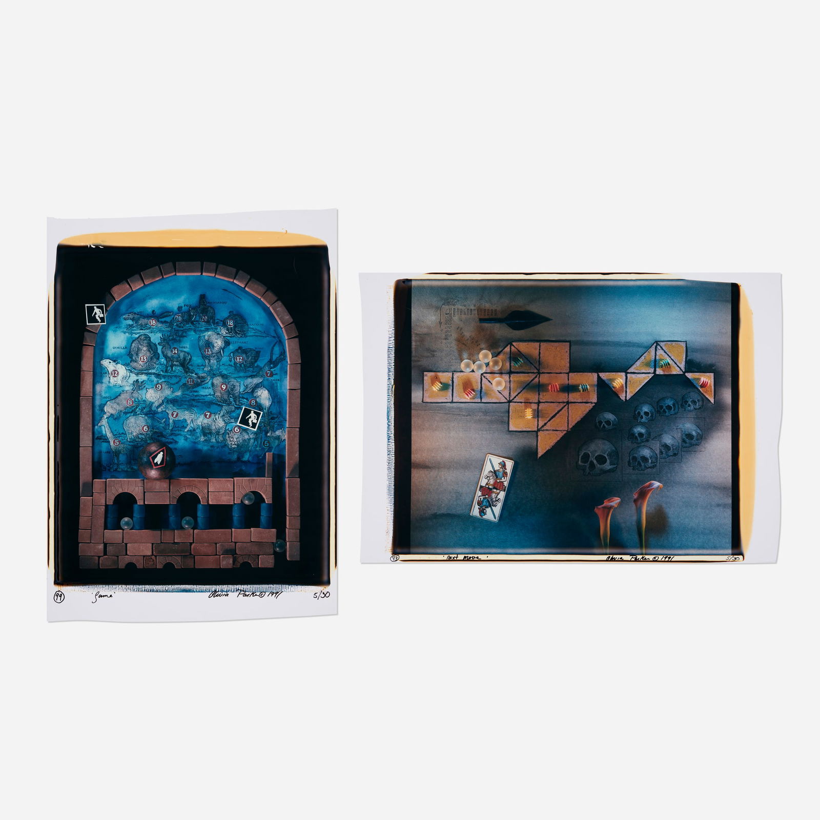 Olivia Parker, Game; Next Move (two works): Olivia Parker Game; Next Move (two works) 1991unique large-format Polaroid Polacolor prints image: 24 h x 20 w in (61 x 51 cm) sheet: 22.25 h x 32 w in (57 x 81 cm) Signed, titled, dated an