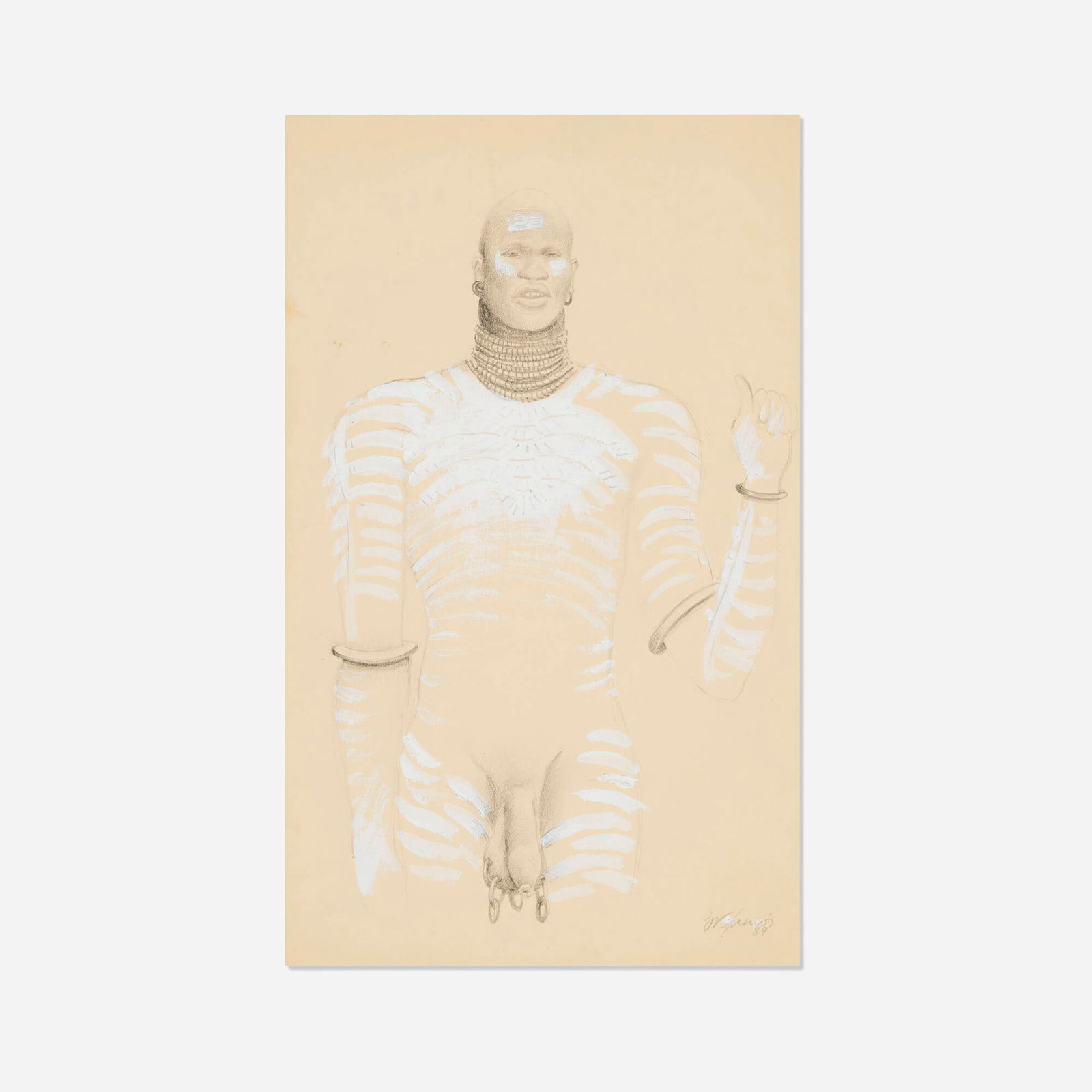 Yiannis Nomikos, Adorned African: Yiannis Nomikos Adorned African 1989graphite and correction fluid on paper 14 h x 8.5 w in (36 x 22 cm) Signed and dated to lower right 'Y Nomikos 89'. This work will ship
