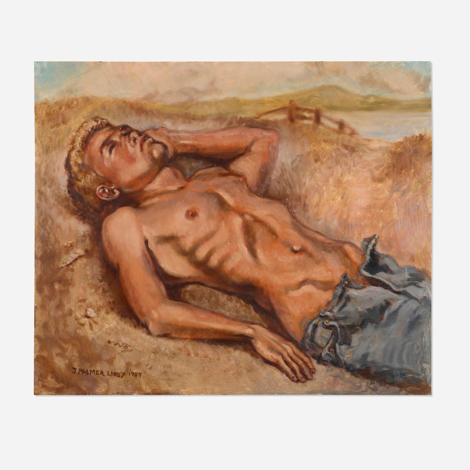 James Palmer Libby, Untitled (Male Semi-Nude): James Palmer Libby Untitled (Male Semi-Nude) 1989oil on board 20 h x 24 w in (51 x 61 cm) Signed and dated to lower left 'J Palmer Libby 1989'. Provenance: Estate of th