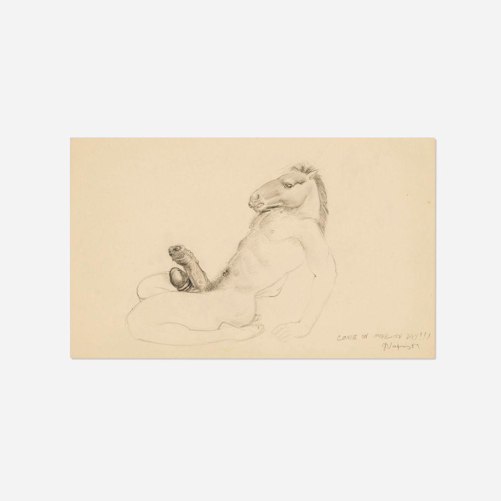 Yiannis Nomikos, Come On Make My Day!!!: Yiannis Nomikos Come On Make My Day!!! 1989graphite on paper 8.5 h x 14 w in (22 x 36 cm) Signed, titled and dated to lower right 'Come On Make My Day!!! Y Nomikos 89'. Thi