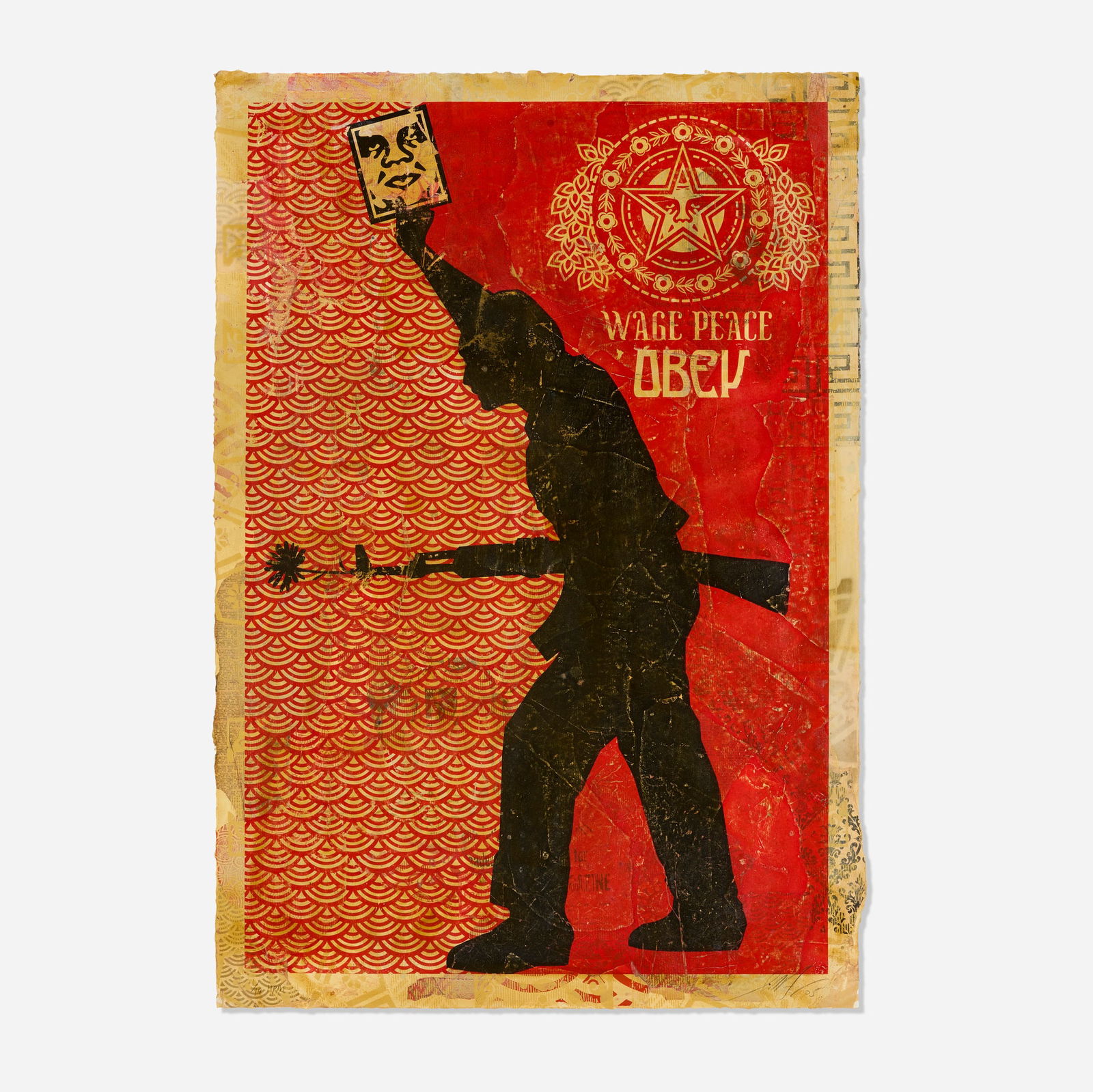 Shepard Fairey, Wage Peace: Shepard Fairey Wage Peace 2005screenprint in colors and mixed media collage on paper, HPM 42 h x 28.75 w in (107 x 73 cm) Signed, dated and numbered to lower edge '1/19 HPM Shepard Fairey 05'.