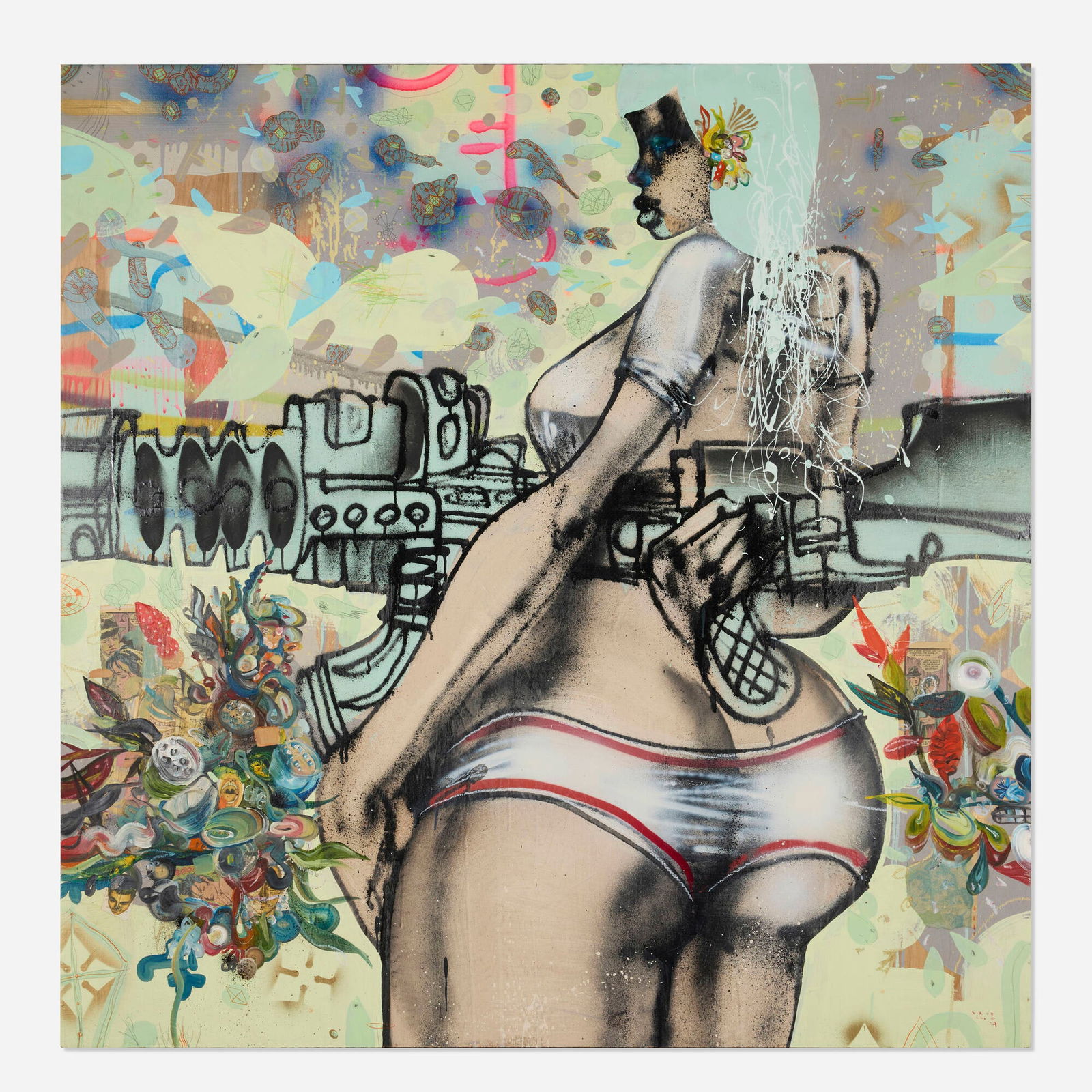 David Choe, Replaceable: David Choe Replaceable 2008oil and spray paint on board 48 h x 48 w in (122 x 122 cm) Signed and titled to verso 'David Replaceable'. Provenance: Lazarides Gallery, Lon