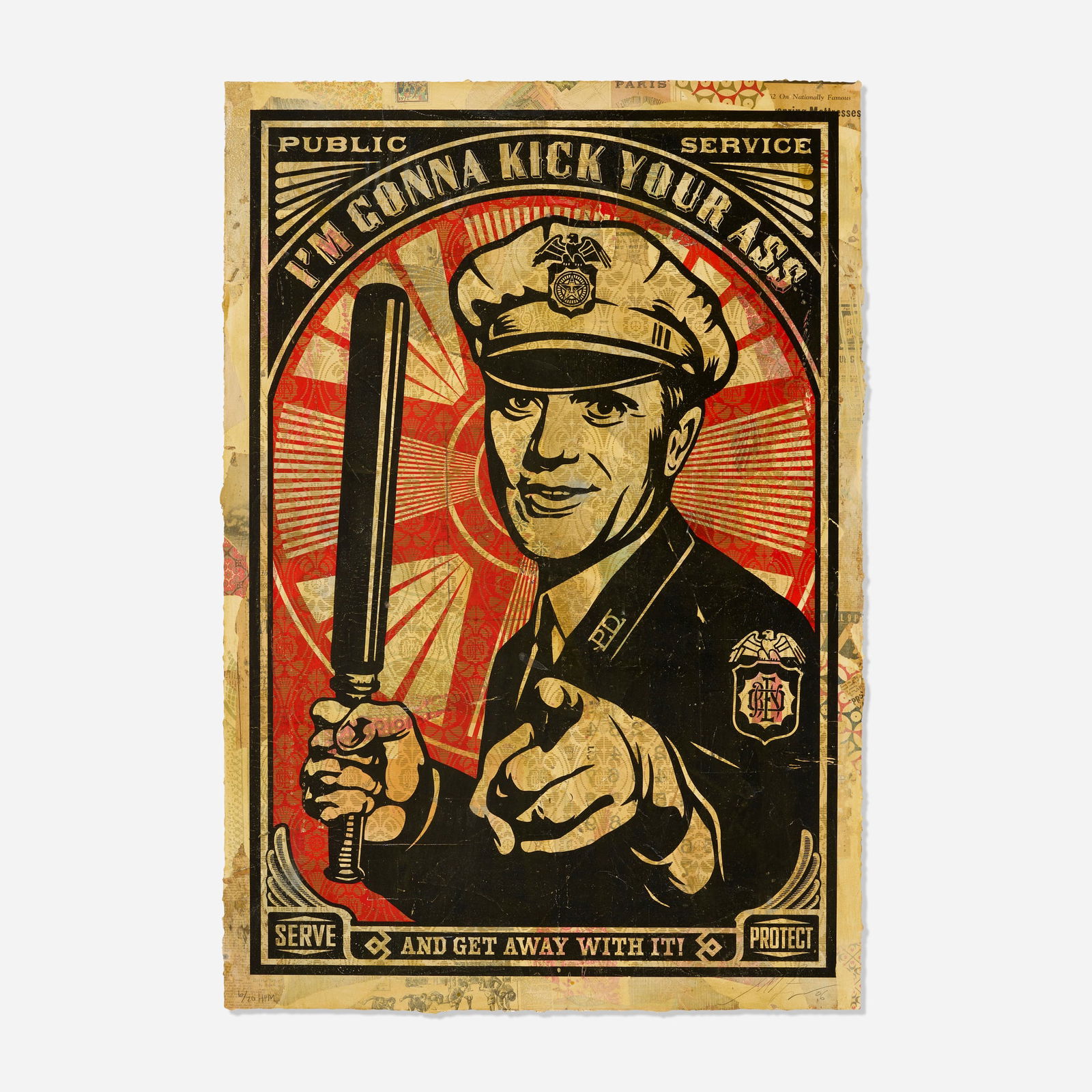 Shepard Fairey, Rise Above Cop: Shepard Fairey Rise Above Cop 2006screenprint in colors and mixed media collage on paper, HPM 42 h x 28.75 w in (107 x 73 cm) Signed, dated and numbered to lower edge '6/20 HPM Shepard Fairey