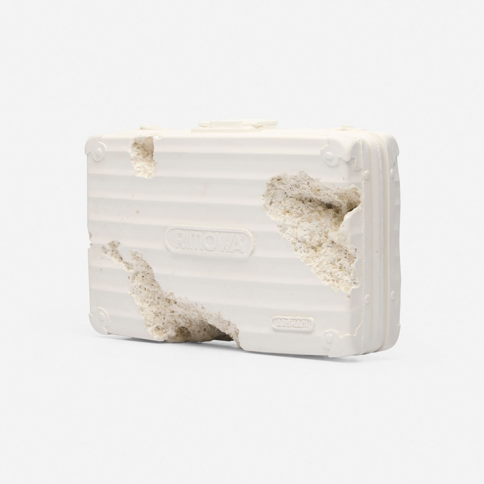 Daniel Arsham, Eroded Attache: Daniel Arsham Eroded Attache 2019plaster, crushed glass, aluminum 14 h x 18 w x 6 d in (36 x 46 x 15 cm) Incised manufacturer's mark to upper edge of aluminum briefcase 'Rimowa Arsham Studio D