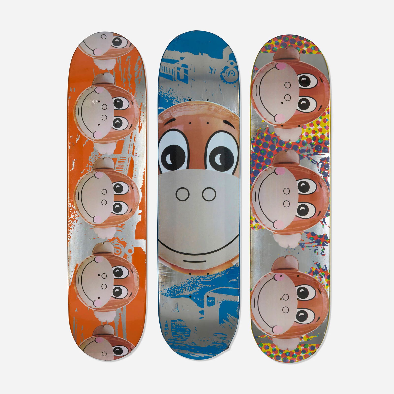 Jeff Koons X Supreme, Monkey Train skate decks (set of three): Jeff Koons X Supreme Monkey Train skate decks (set of three) 2006transfer-printed plywood 31.125 h x 7.75 w x 2.125 d in (79 x 20 x 5 cm) Printed signature and title to center of each example