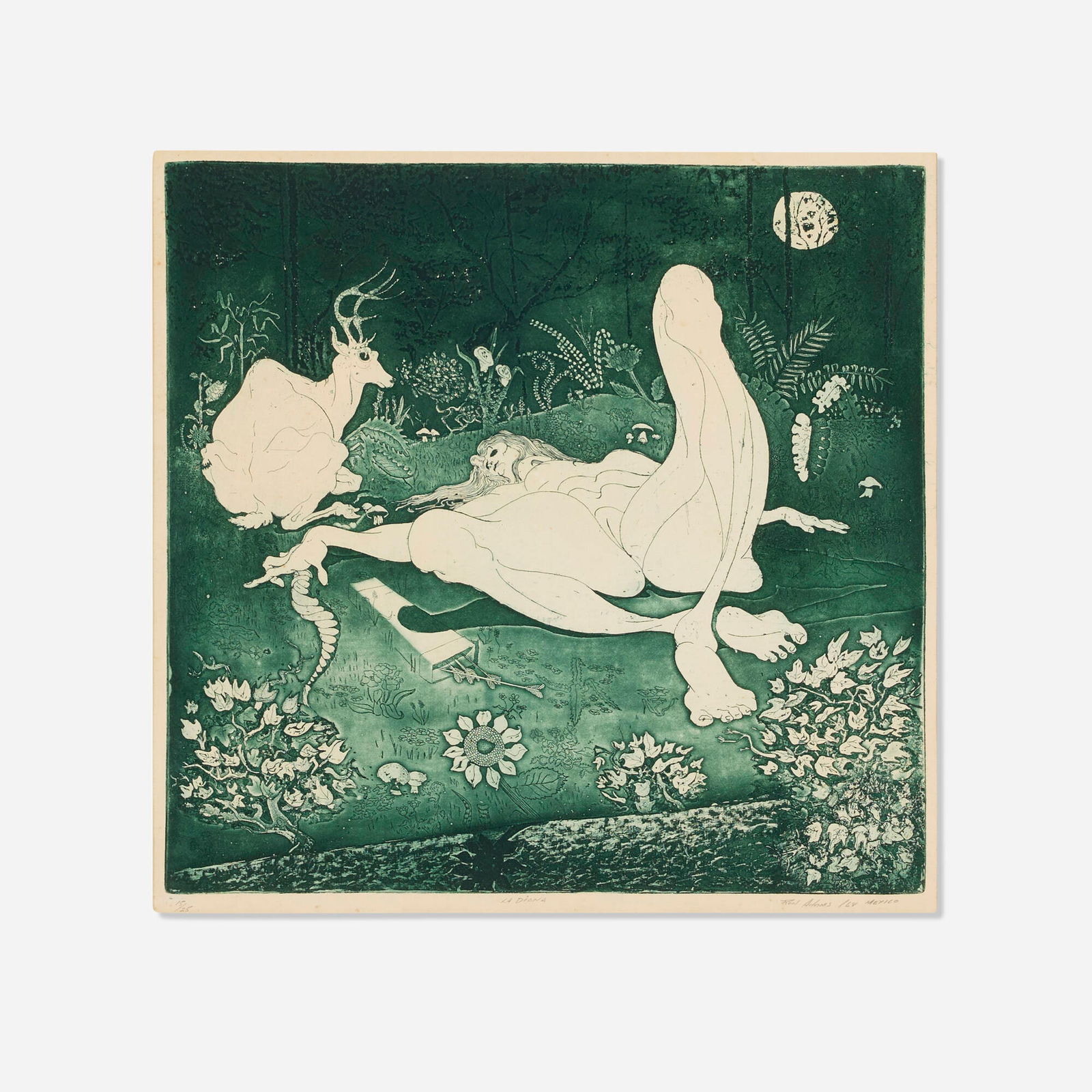Ron Adams, La Diana: Ron Adams La Diana 1968etching and aquatint image: 15.5 h x 16.25 w in (39 x 41 cm) sight: 16.5 h x 17 w in (42 x 43 cm) Signed, titled, dated, numbered and inscribed to lower edge '15/25 L