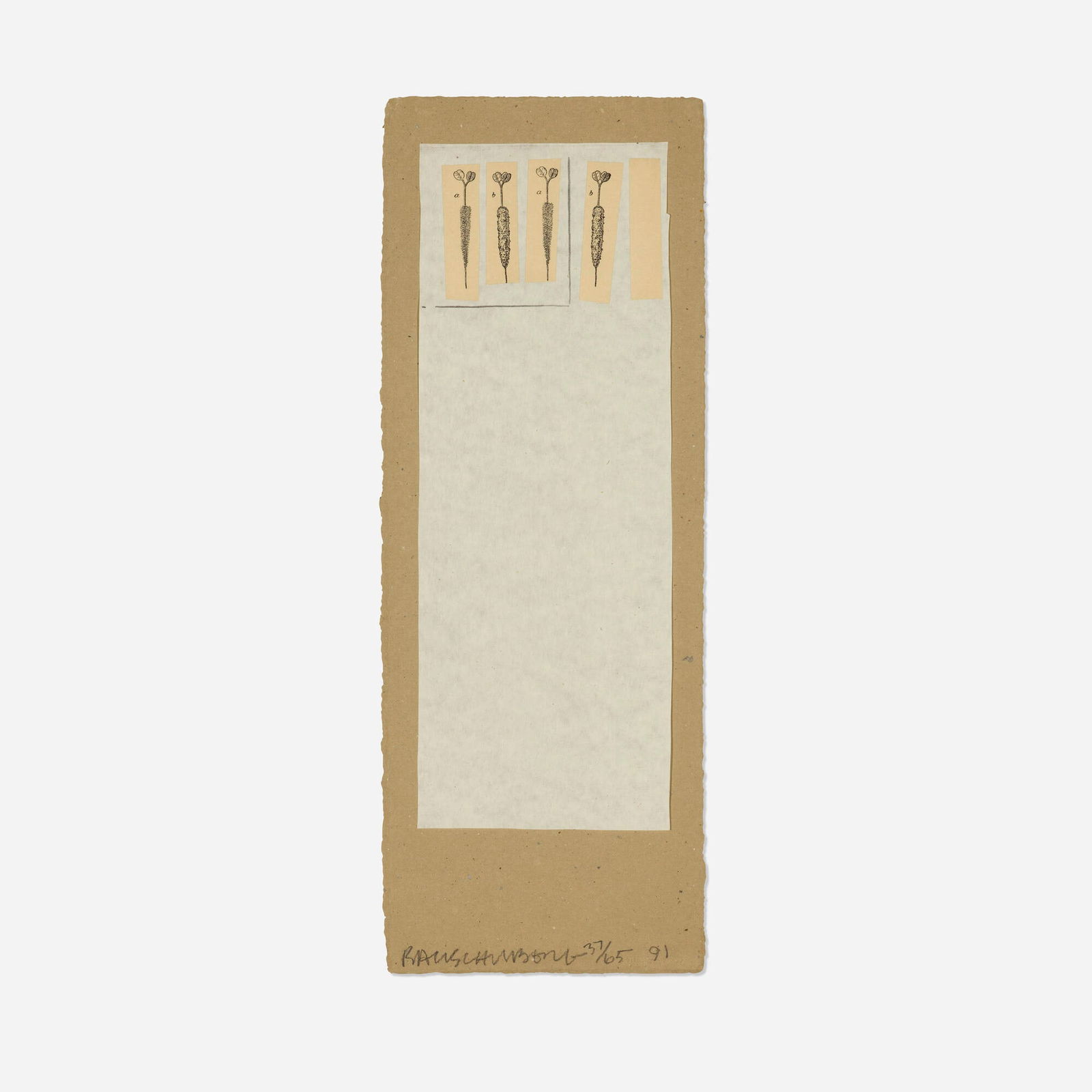 Robert Rauschenberg, Untitled (from the Shirtboards, Morocco, Italy '52 portfolio): Robert Rauschenberg Untitled (from the Shirtboards, Morocco, Italy '52 portfolio) 1991mixed media print in colors with collage on handmade and heavy board paper 21.125 h x 7.75 w in (54 x 20 cm) <