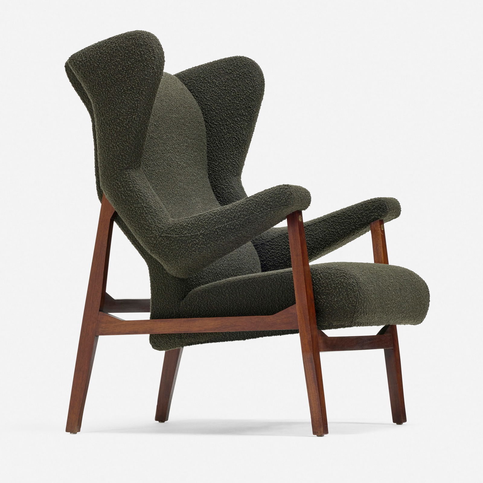 Franco Albini, Fiorenza lounge chair: Franco Albini Fiorenza lounge chair ArflexItaly, 1952boucle upholstery, walnut, brass 41.75 h x 30 w x 34 d in (106 x 76 x 86 cm) Fabric manufacturer's label to underside 'Arflex Milano'