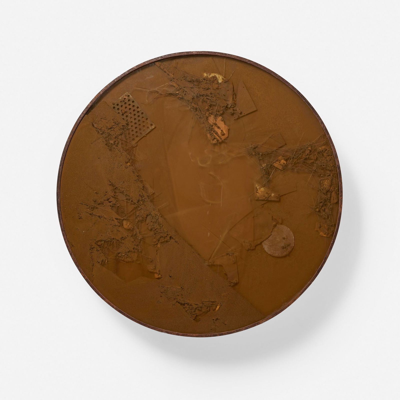 Manuel Merida, Cercle rouille: Manuel Merida Cercle rouille 2022painted wood, rust, dirt, glass, electric engine 51.75 h x 51.75 w x 9 d in (131 x 131 x 23 cm) The elements of this kinetic work are encased within a round fr