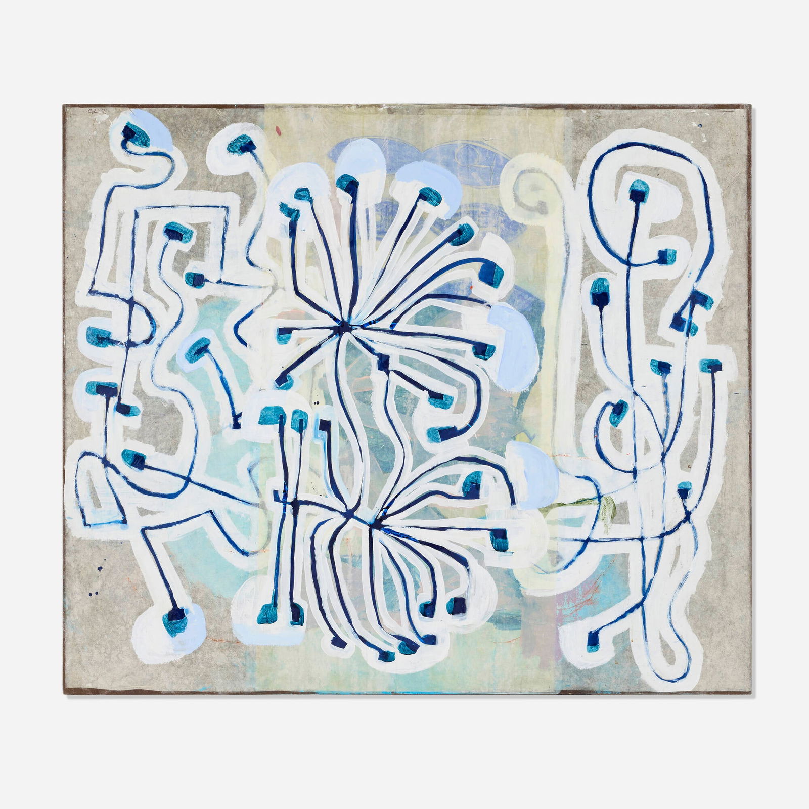 Roberto Juarez, Electrolyte: Roberto Juarez Electrolyte 2000acrylic, mixed media and paper collage on canvas 72 h x 84 w in (183 x 213 cm) Signed and dated to upper left 'RJ '00'. Signed, titled, dated and inscribed to ve