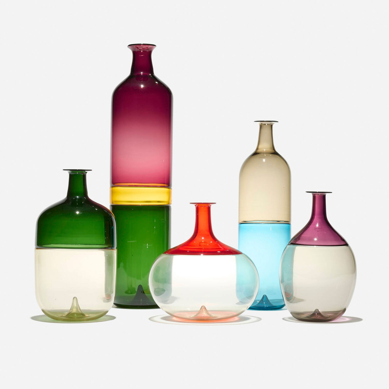 Tapio Wirkkala, Collection of five Bolle vases: Tapio Wirkkala Collection of five Bolle vases VeniniFinland / Italy, 2013-19incalmo glass largest: 19.5 h x 4.5 dia in (50 x 11 cm) smallest: 8 h x 4.5 dia in (20 x 11 cm) Decal manuf