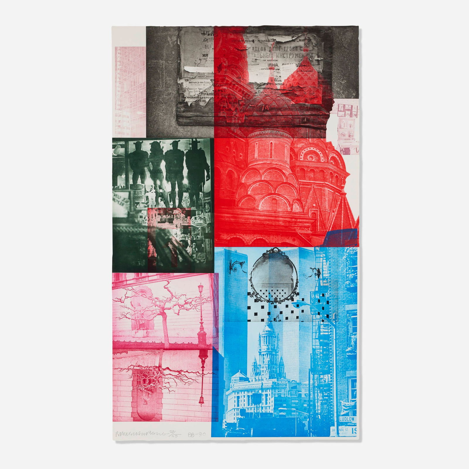 Robert Rauschenberg, Soviet American Array V: Robert Rauschenberg Soviet American Array V 1988-1990 photogravure in colors on T.H. Saunders image: 87 h x 53 w in (221 x 135 cm) sheet: 88 h x 53.125 w in (224 x 135 cm) Signed, dated and