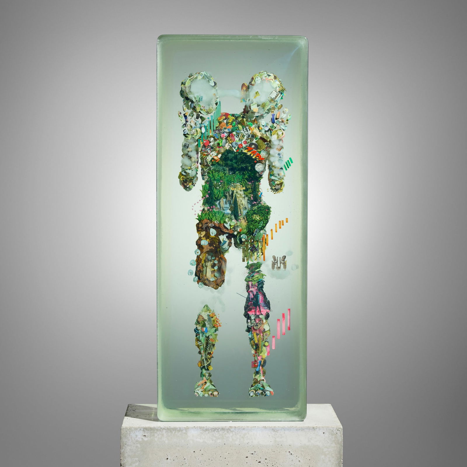 Dustin Yellin, Psychogeography Study 31: Dustin Yellin Psychogeography Study 31 2014glass, epoxy, collage, acrylic paint 35.5 h x 13.75 w x 7.25 d in (90 x 35 x 18 cm) Signed and dated to interior of reverse '2014 Yellin'. This work