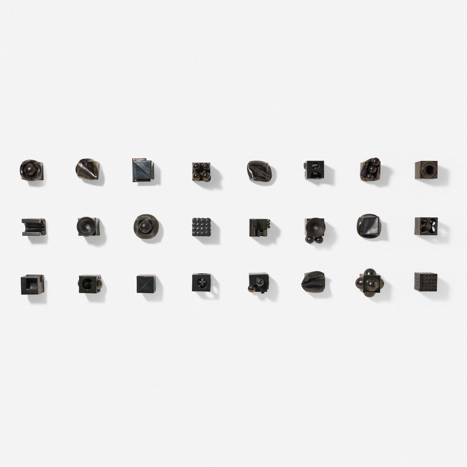 Kaiser Suidan, Collection of twenty-four cubes: Kaiser Suidan Collection of twenty-four cubes 2004-20glazed stoneware largest: 9.25 h x 9.25 w x 8.5 d in (23 x 23 x 22 cm) smallest: 5.5 h x 5.5 w x 5.5 d in (14 x 14 x 14 cm) Signed and d