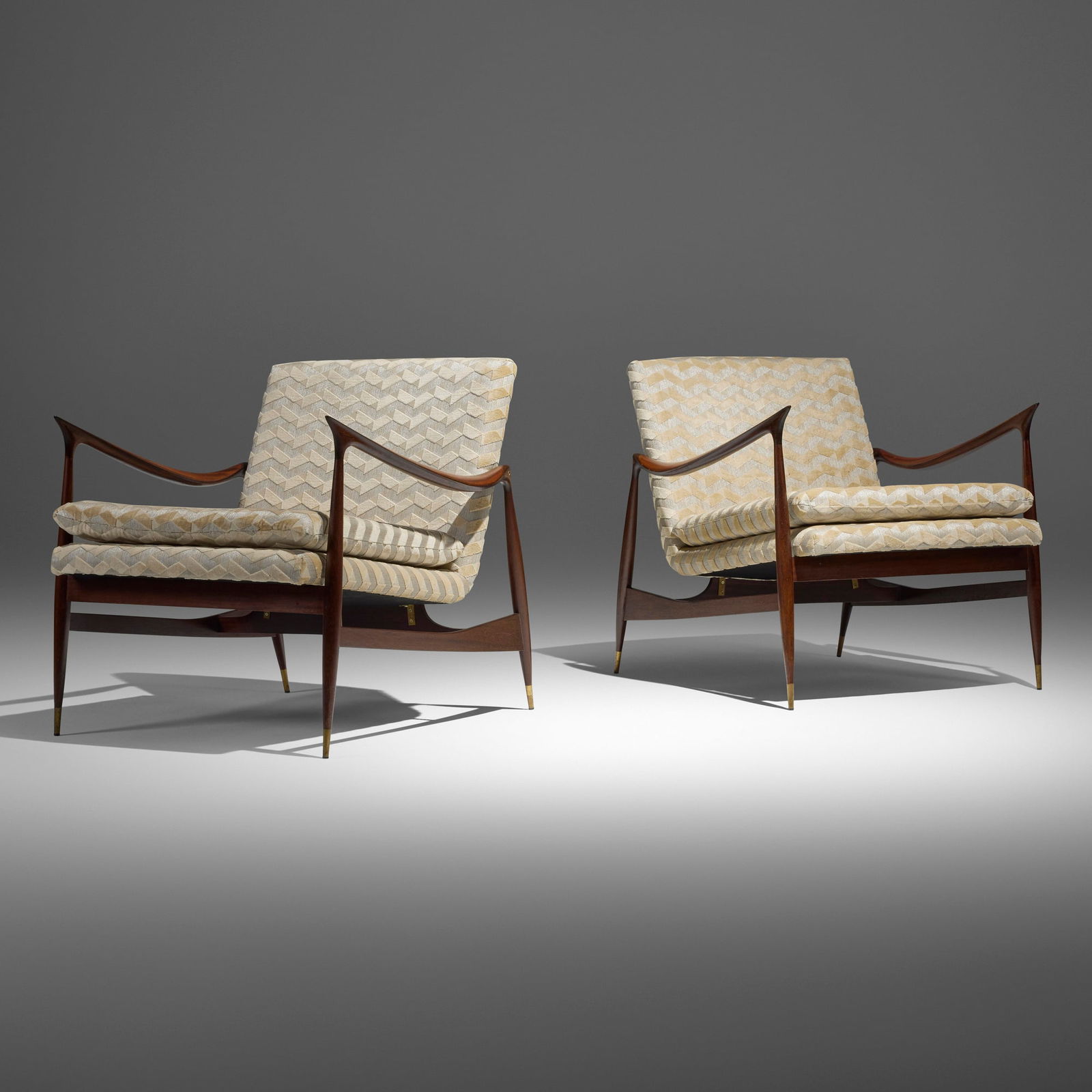 Jorge Zalszupin, Dinamarquesa lounge chairs, pair: Jorge Zalszupin Dinamarquesa lounge chairs, pair EtelBrazil, 1959 / 2006upholstery, Brazilian walnut, brass 27 h x 27.5 w x 27 d in (69 x 70 x 69 cm) Metal manufacturer's label to unders