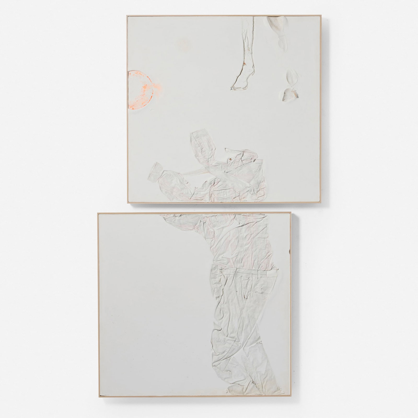 Guillaume Leblon, The Dreamer (diptych): Guillaume Leblon The Dreamer (diptych) 2020 plaster, textile prints, flourescent pigments, artist-made wood frame each: 43.25 h x 44.5 w x 2.25 d in (110 x 113 x 6 cm) Sold with digital copies of