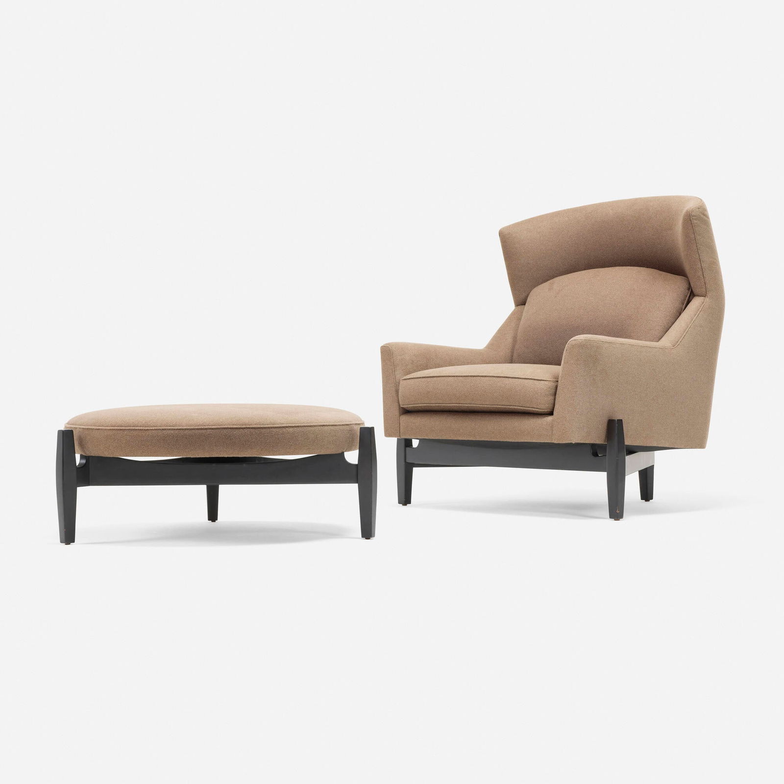 Jens Risom, Big chair and Round ottoman: Jens Risom Big chair and Round ottoman Ralph Pucci InternationalUSA, 1961 / c. 2015upholstery, lacquered wood chair: 42 h x 35.5 w x 37 d in (107 x 90 x 94 cm) ottoman: 14.5 h x 35 dia in (3