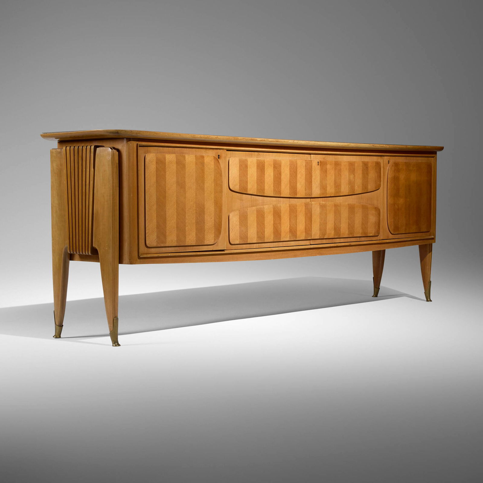 La Permanente Mobili Cantu, Cabinet: La Permanente Mobili Cantu Cabinet Italy, c. 1950walnut, maple, bronze, reverse-painted glass 38.5 h x 107 w x 21.75 d in (98 x 272 x 55 cm) Cabinet features four doors concealing three shelve