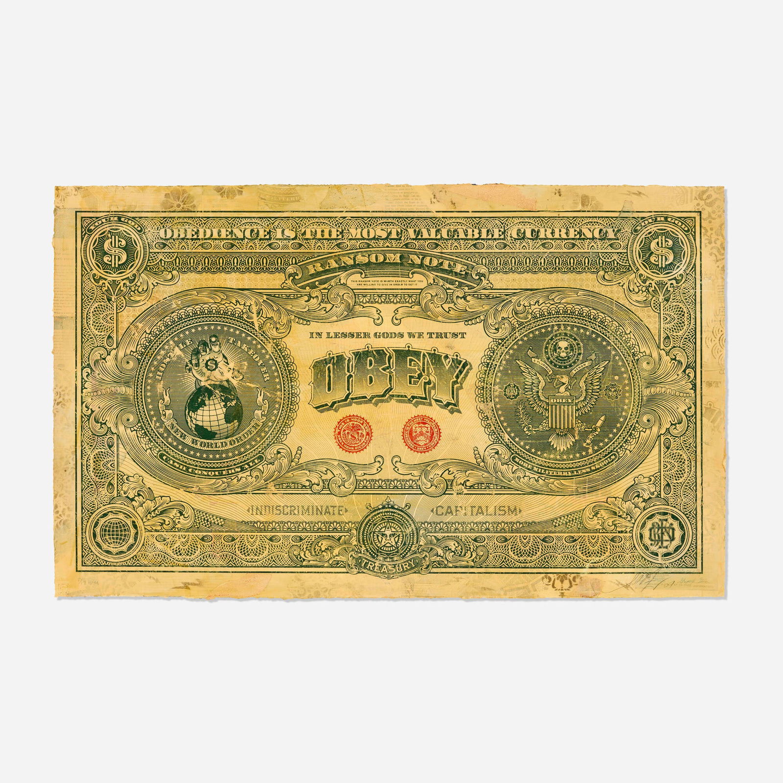 Shepard Fairey, Two Sides of Capitalism (Good): Shepard Fairey Two Sides of Capitalism (Good) 2007screenprint in colors and mixed media collage on paper, HPM 30.25 h x 49 w in (77 x 124 cm) Signed, dated and numbered to lower edge '5/19 HPM