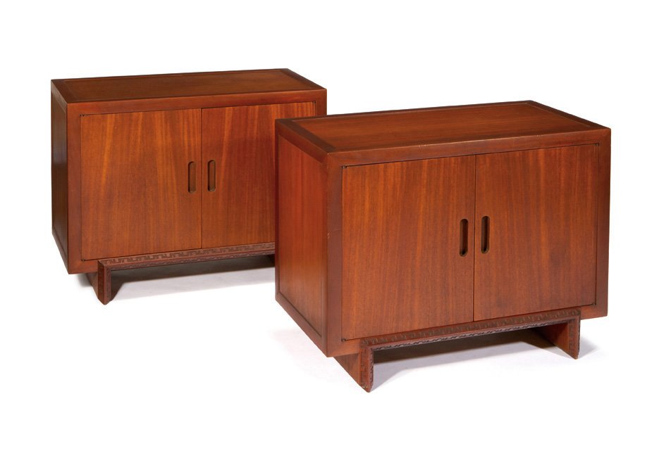 Frank Lloyd Wright, Cabinets (2): Frank Lloyd Wright Cabinets (2) Designed c. 1955 Mahogany Heritage Henredon Branded "Heritage Henredon by Frank Lloyd Wright"; retains Frank Lloyd Wright ink monogram decal Each: 25.25" x 31" x 17" <